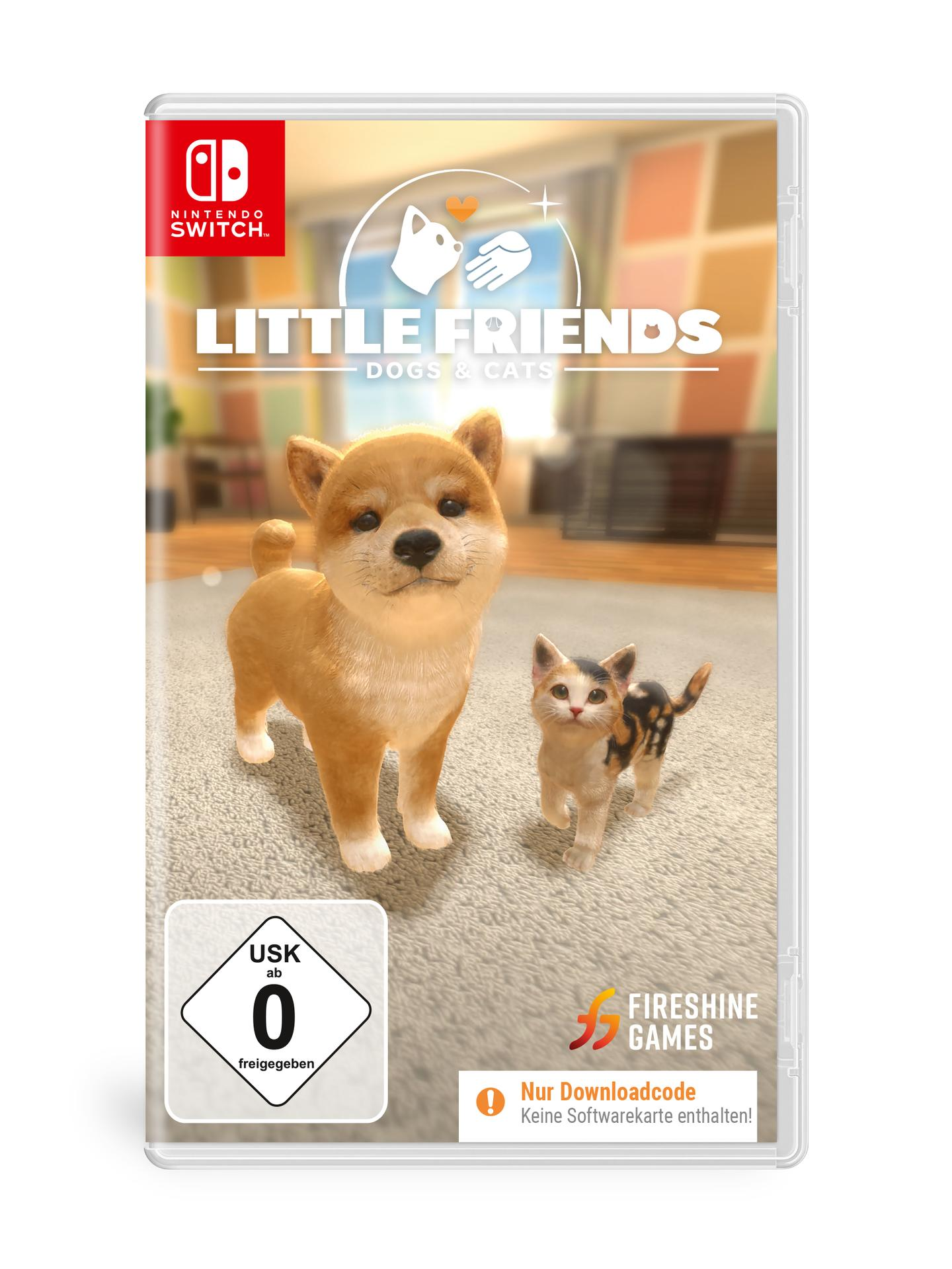 Das Spielcover zeigt einen Hund und eine Katze. Der Titel lautet 'Little Friends: Dogs & Cats'. Es zeigt ein Nintendo Switch-Logo und USK 0.