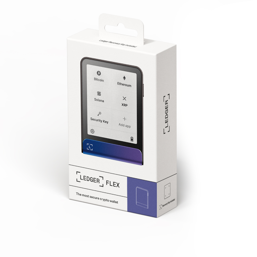 Ledger Flex kripto cüzdan kutusu. Kutu, kripto seçeneklerini gösteren bir ekranla beyaz renktedir. Cüzdan güvenlidir.