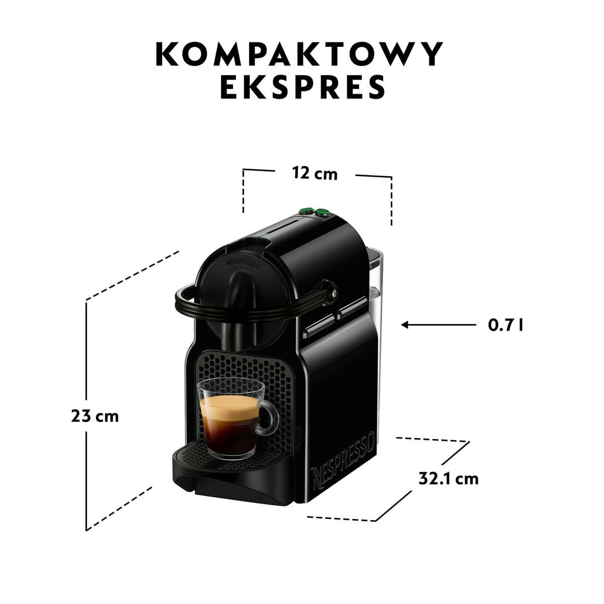 Czarny ekspres do kawy Nespresso z filiżanką kawy. Wymiary: 23 cm wysokości, 32,1 cm szerokości, 12 cm głębokości i pojemność 0,7 l.