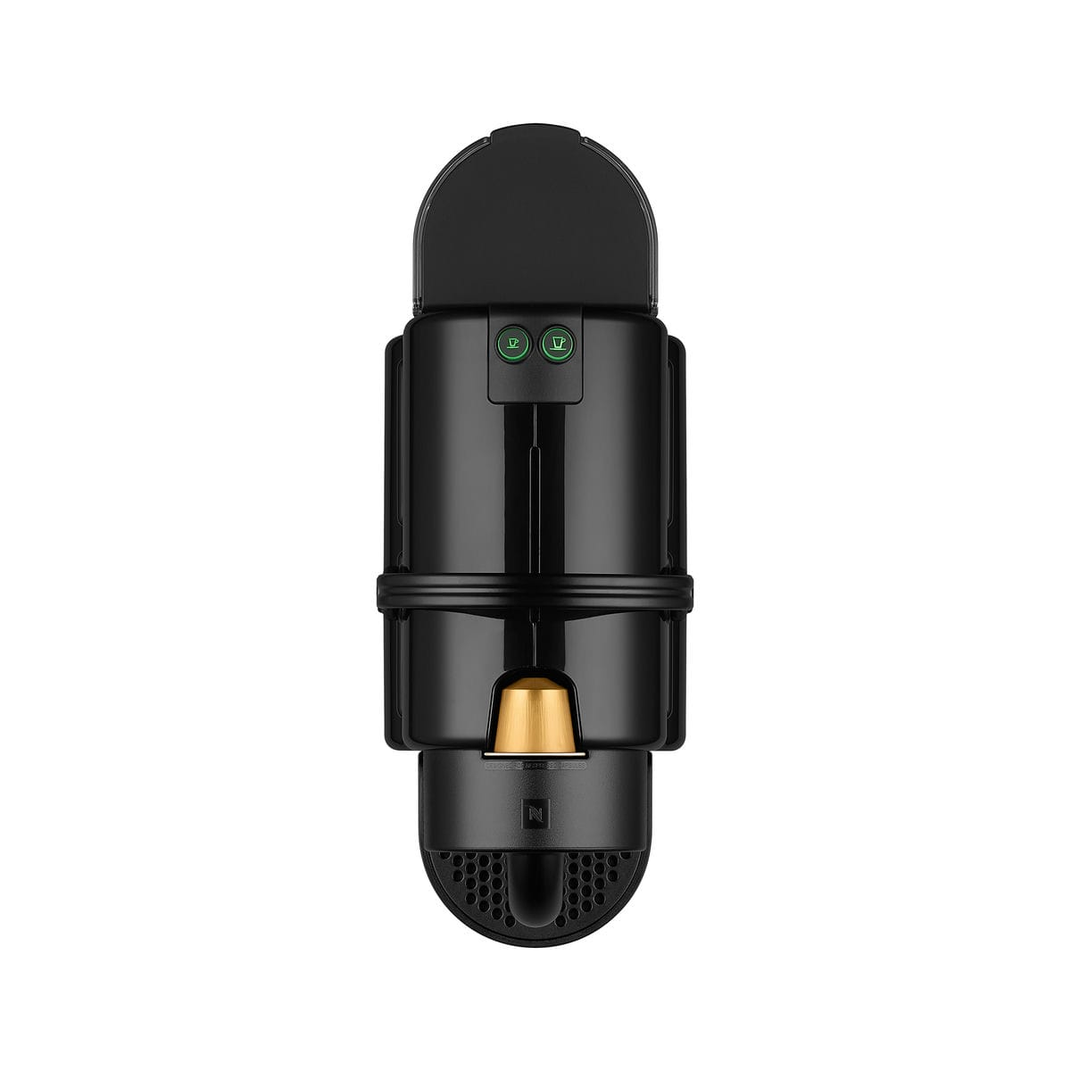 Czarny ekspres do kawy Nespresso ze złotą kapsułką kawy. Maszyna ma dwa zielone podświetlane przyciski. Jest na białym tle.