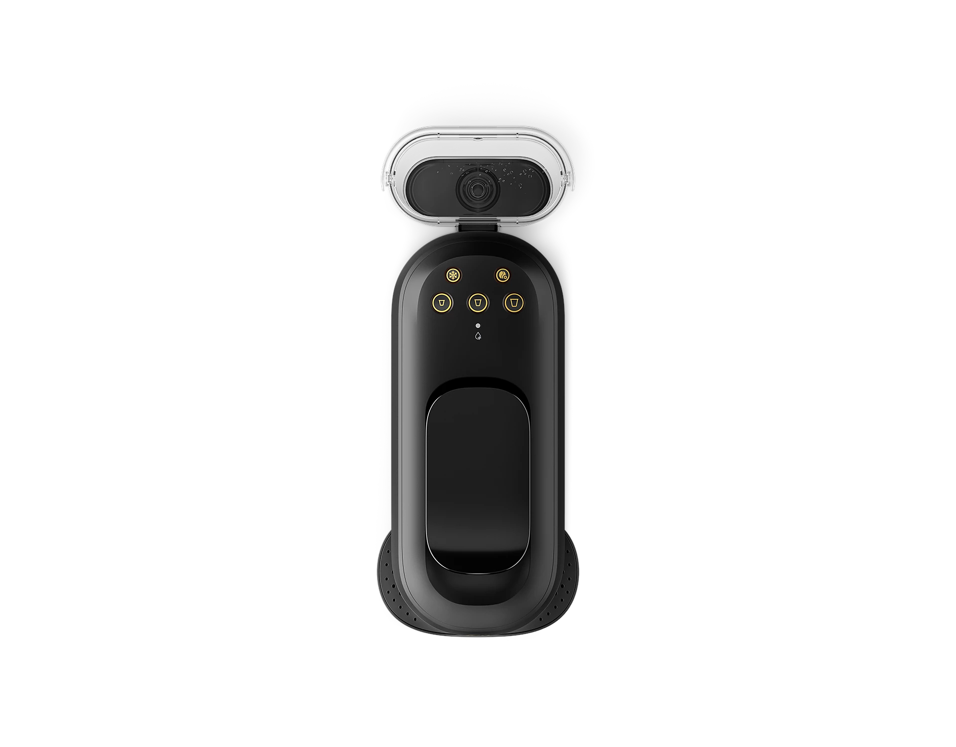 Un dispositivo negro con una cámara en la parte superior. Tiene botones y una base redondeada. El fondo es blanco.