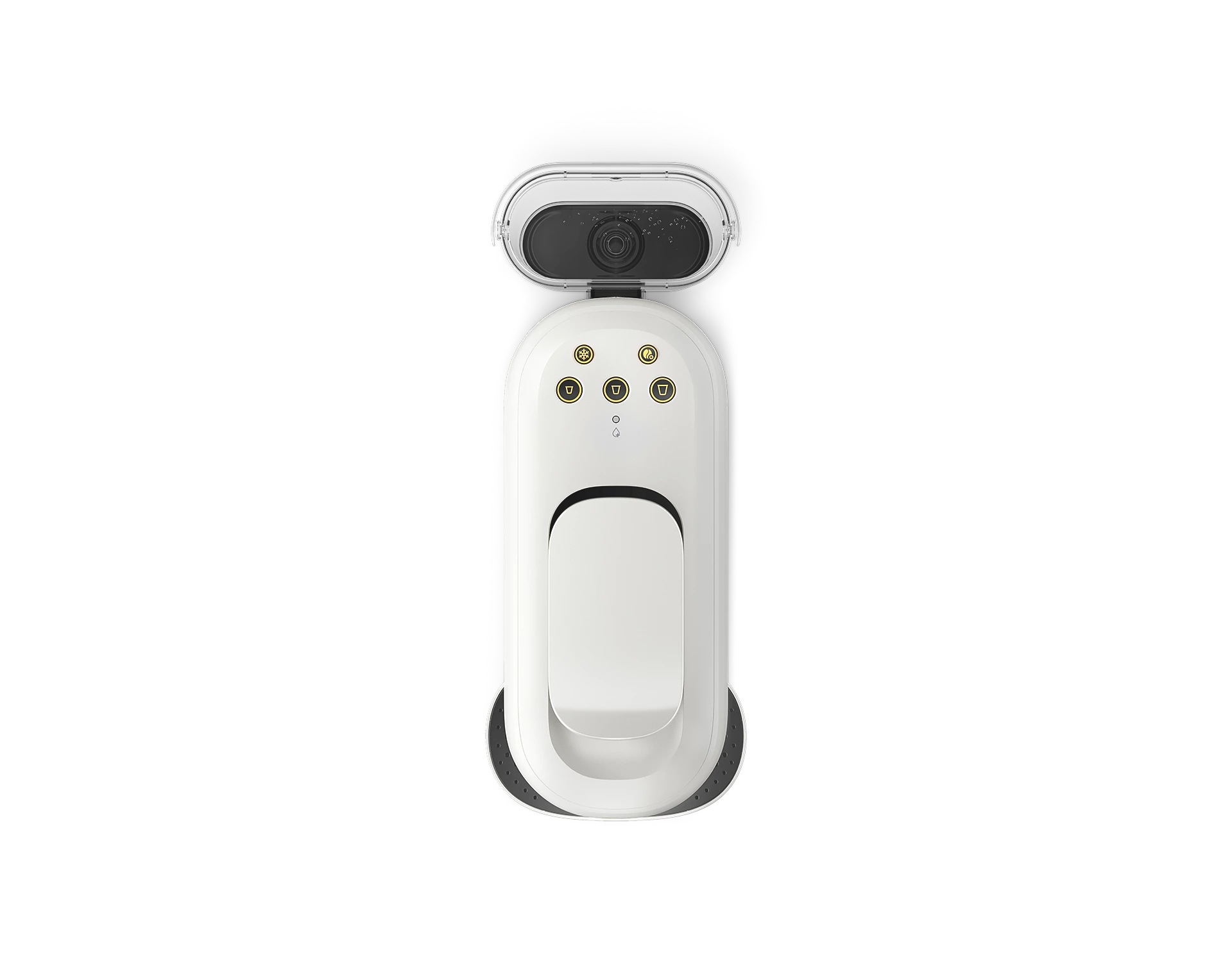 Un dispositivo robótico blanco con una cámara en la parte superior y botones en la parte delantera, diseñado para limpiar superficies, aislado en blanco.
