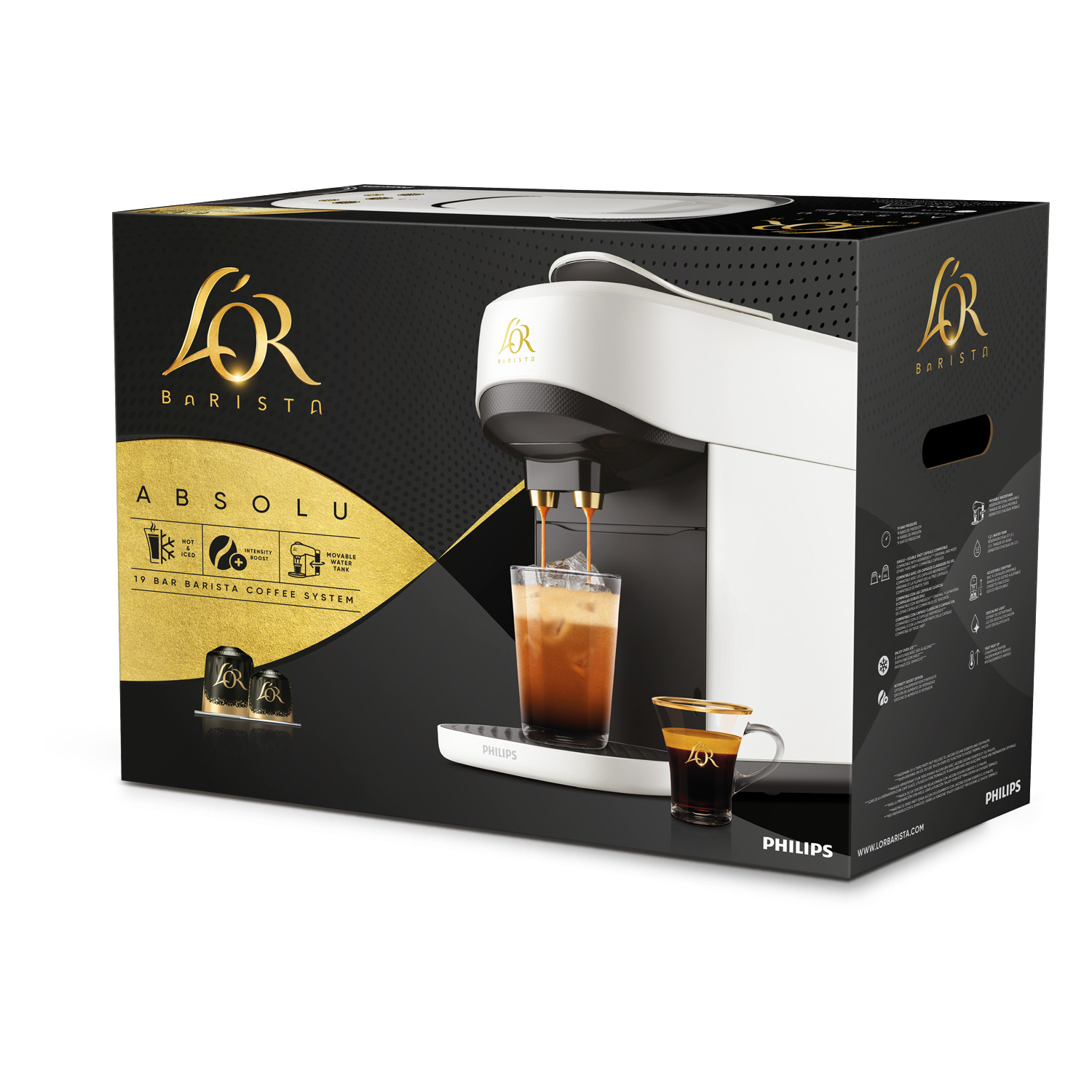 Una caja de cafetera con una máquina blanca, tazas de café y el logotipo de L'OR Barista.