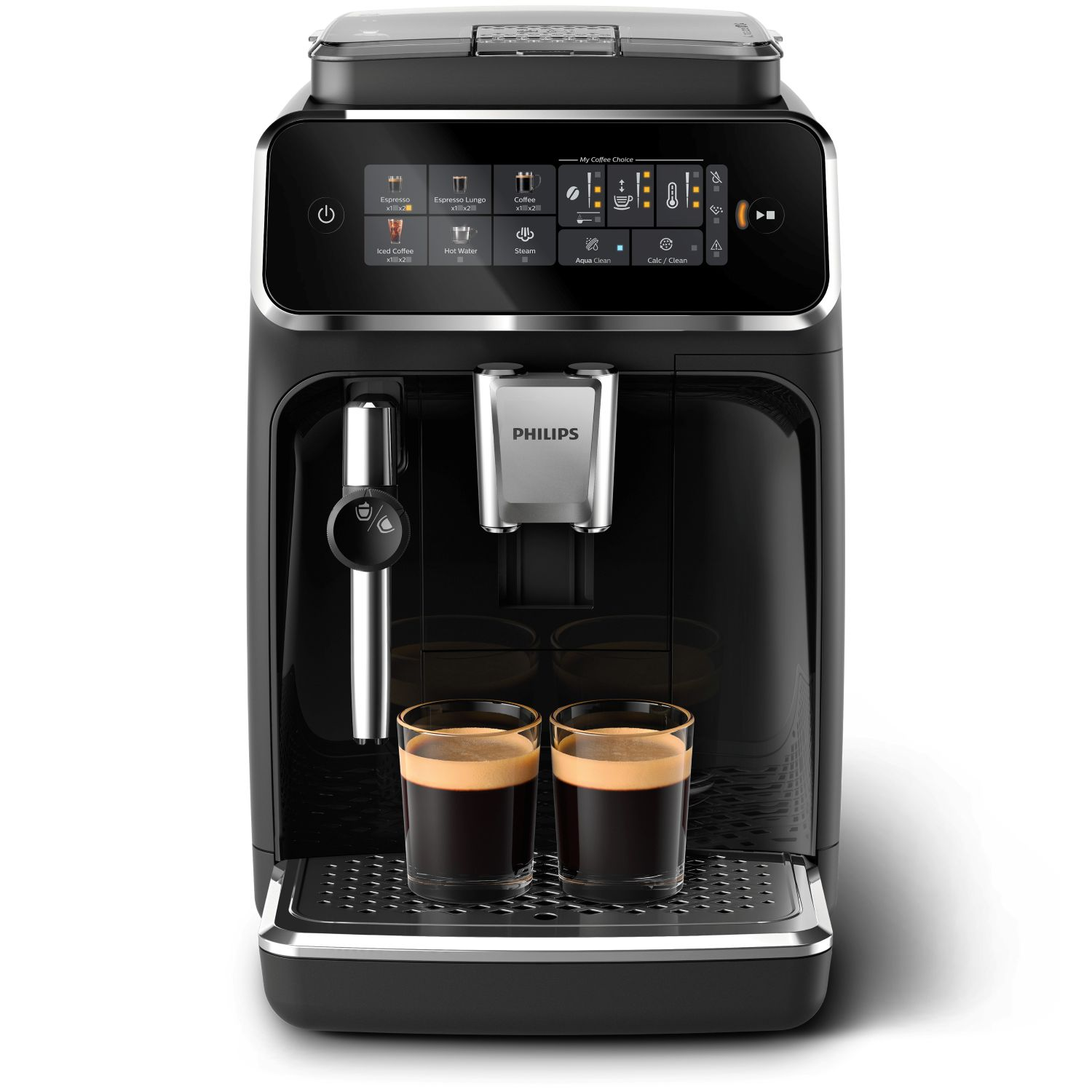 Una cafetera espresso Philips negra con dos vasos de café. La máquina tiene una pantalla digital y varios botones.