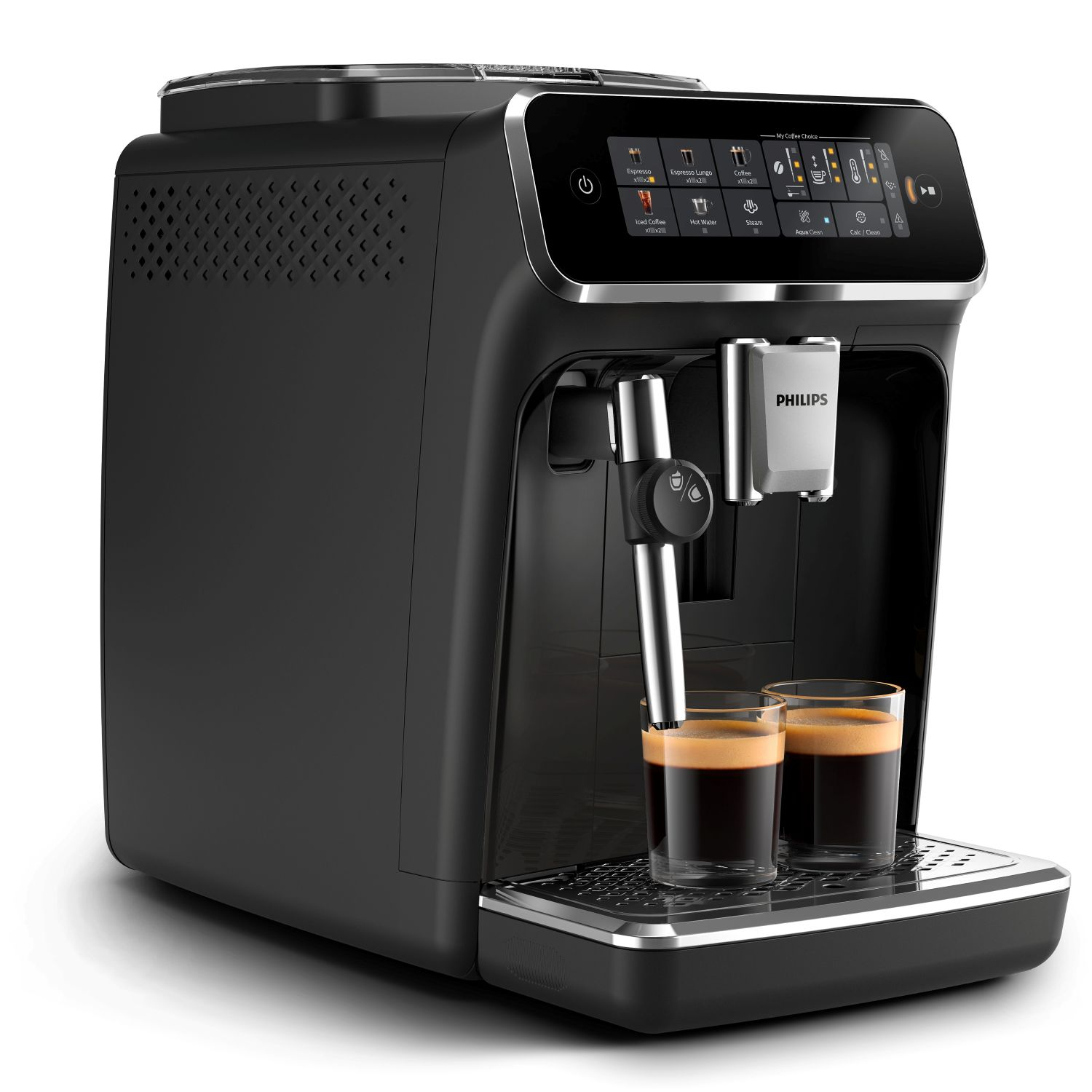 Cafetera Philips negra con dos vasos de espresso. La máquina tiene pantalla táctil y varias opciones de café.