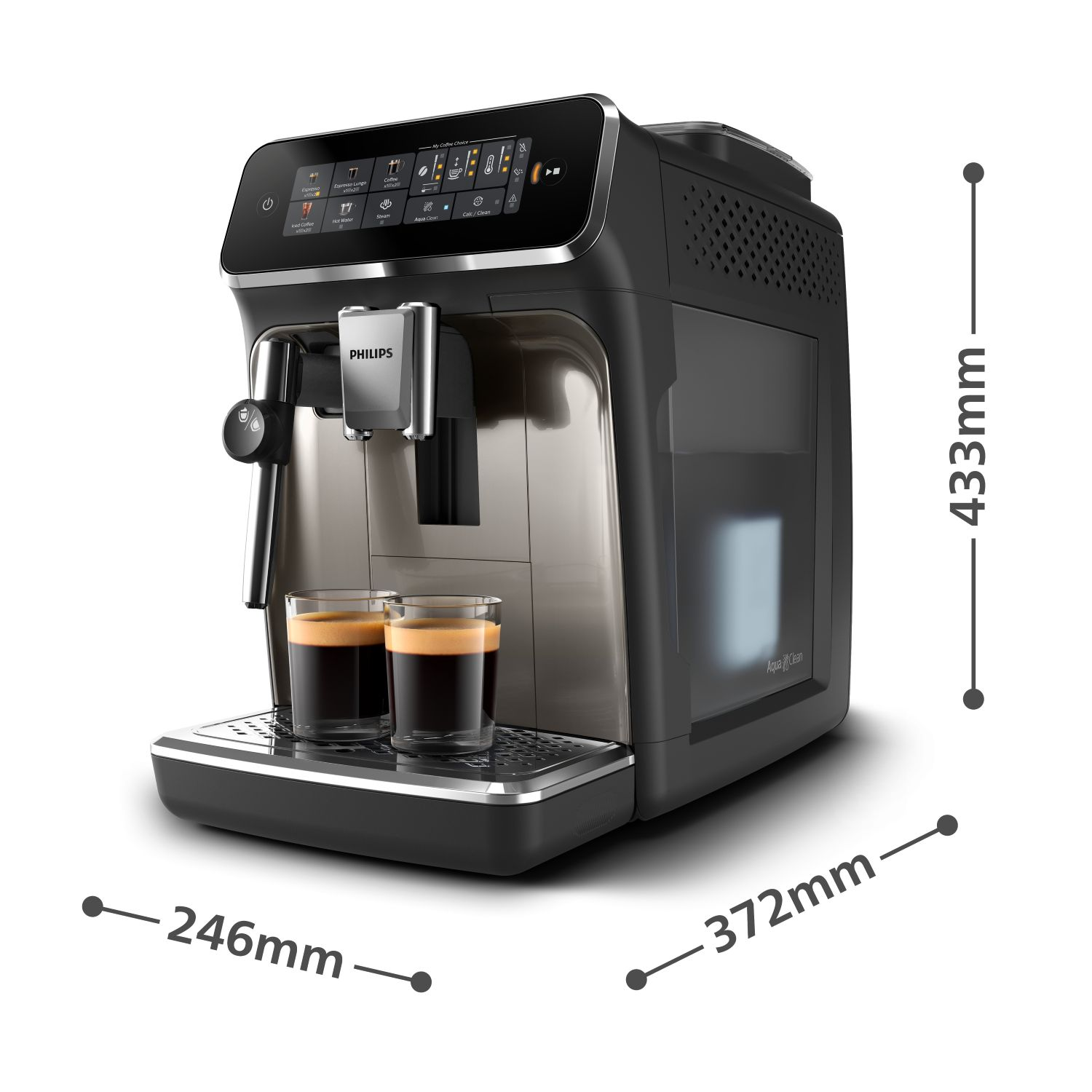 Una máquina de espresso Philips negra y plateada con dos vasos de café. Las dimensiones son 246x372x433mm.