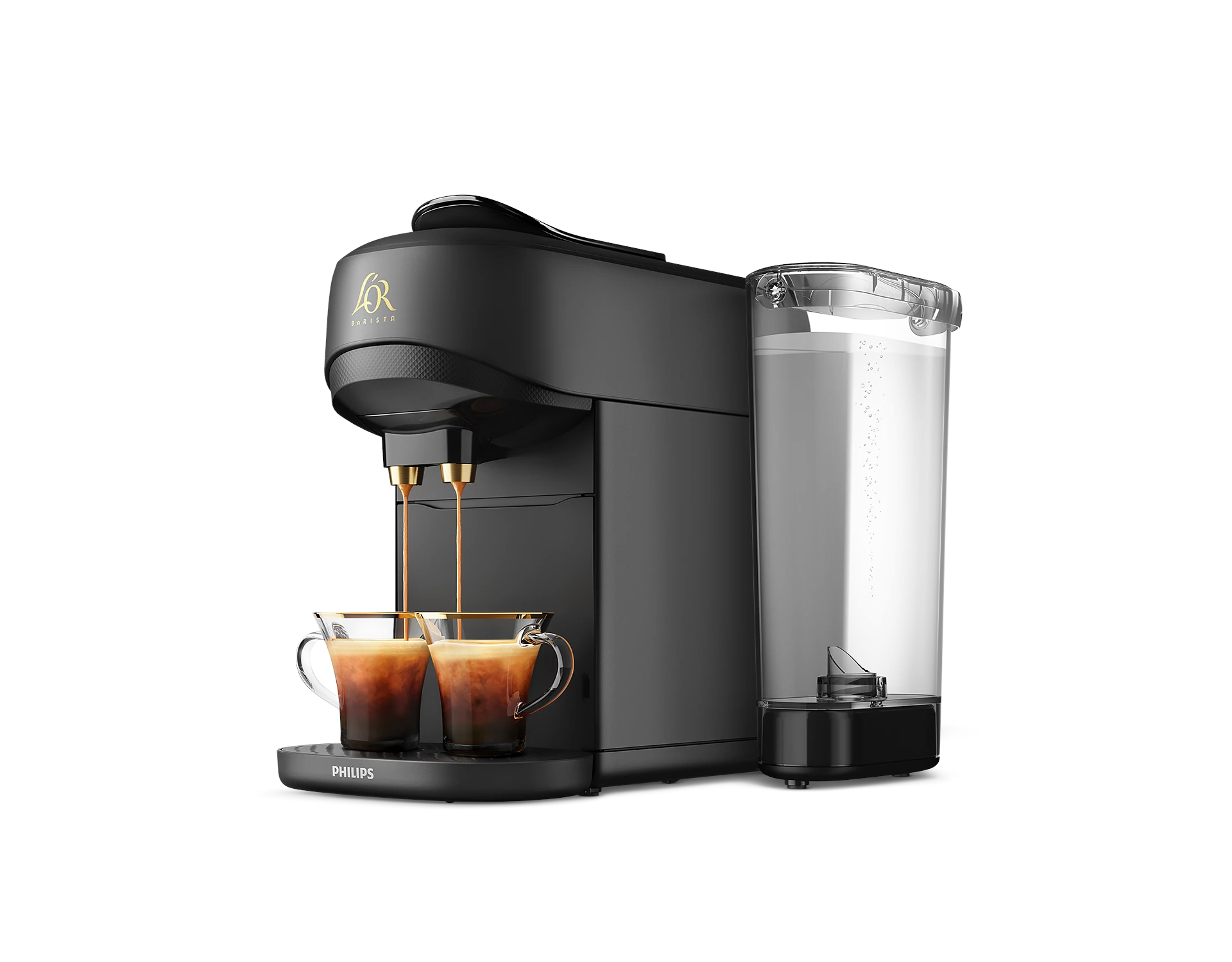Cafetera negra Philips L'OR Barista. Se están llenando dos tazas de café. Tanque de agua transparente a la derecha. Fondo blanco.