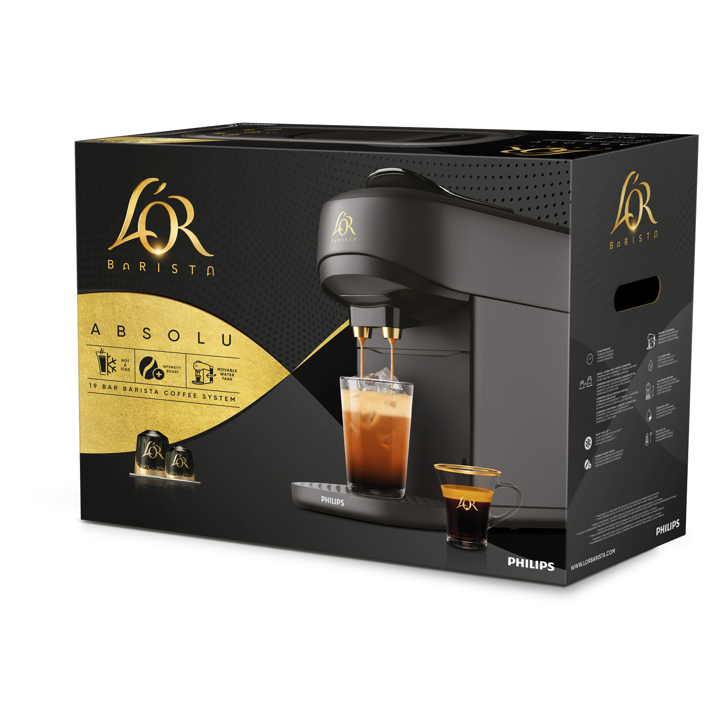 Una caja negra de cafetera con una máquina y bebidas. La caja tiene texto dorado y la máquina es negra. Se ven dos tazas de café.