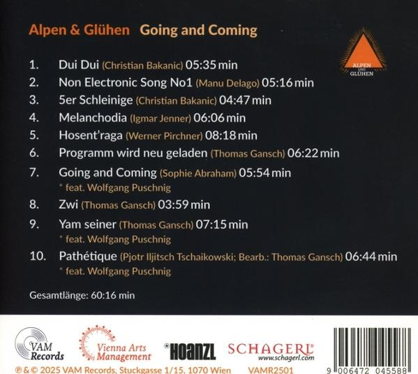 Albumtitel "Alpen & Glühen Going and Coming" mit Titelliste und Logos.