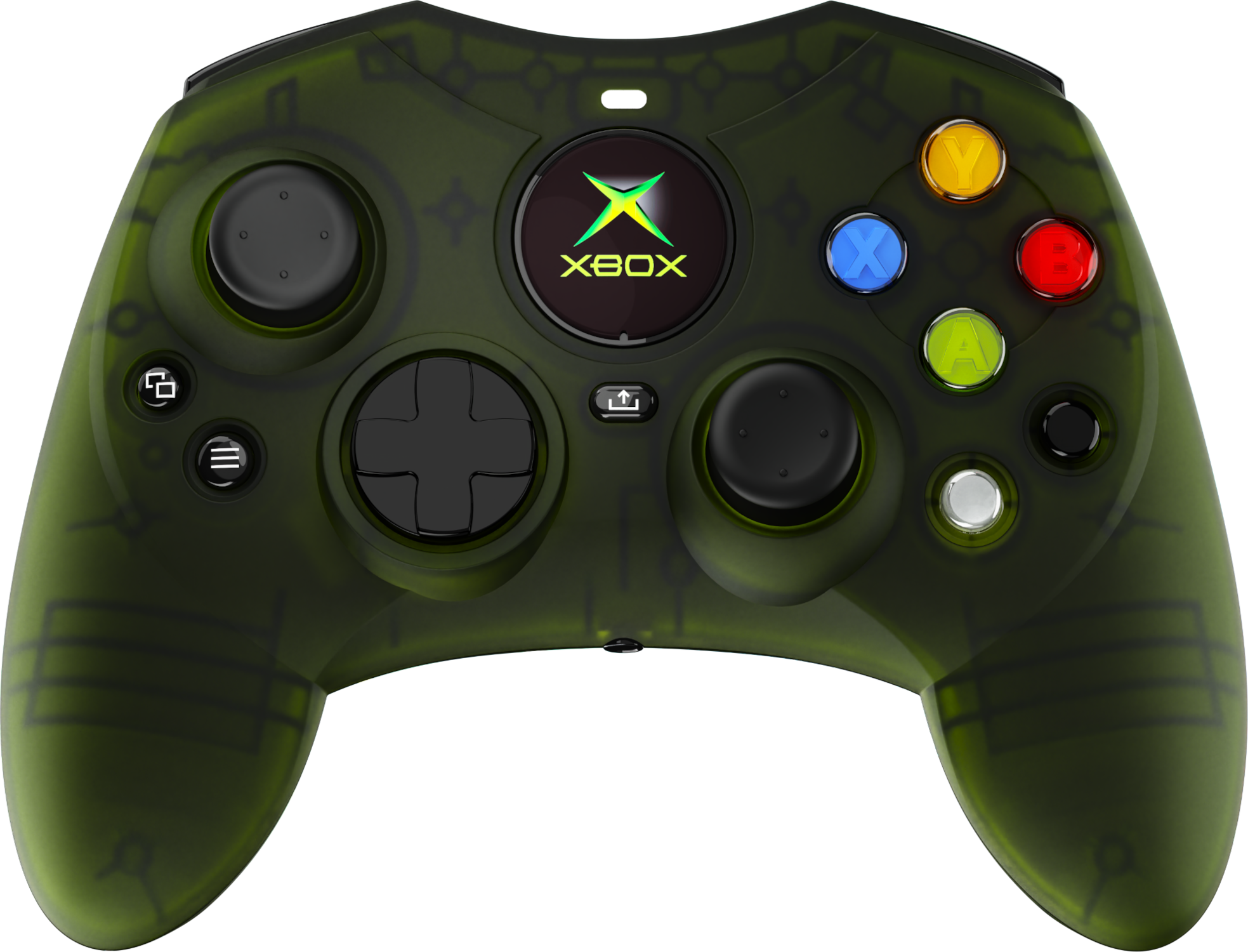 Zöld Xbox-kontroller fekete gombokkal és központi Xbox logóval. Színes gombok: sárga, piros, kék és zöld.