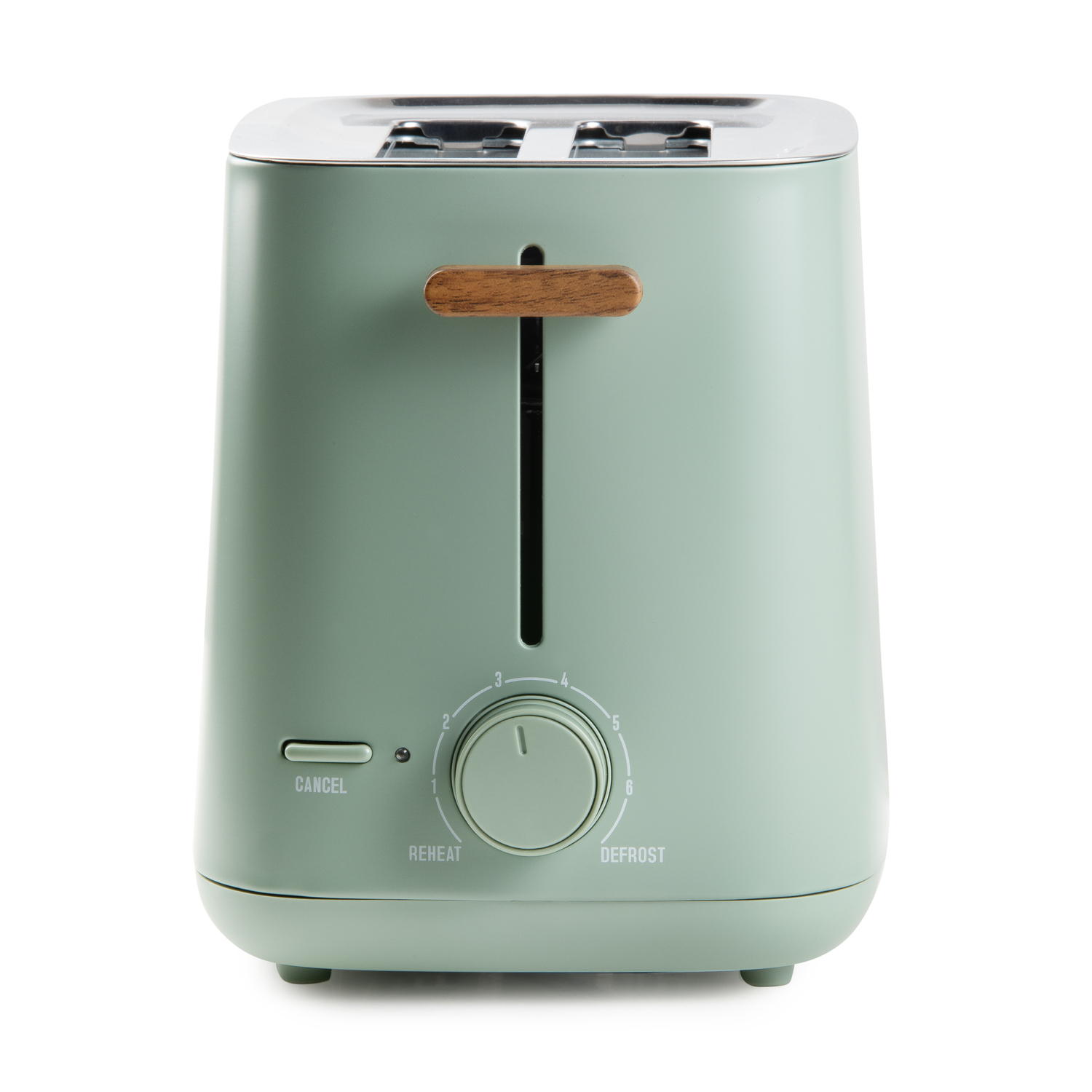 A mint green toaster with wooden handle and chrome top. It has a dial for settings and a cancel button. Isolated on white.