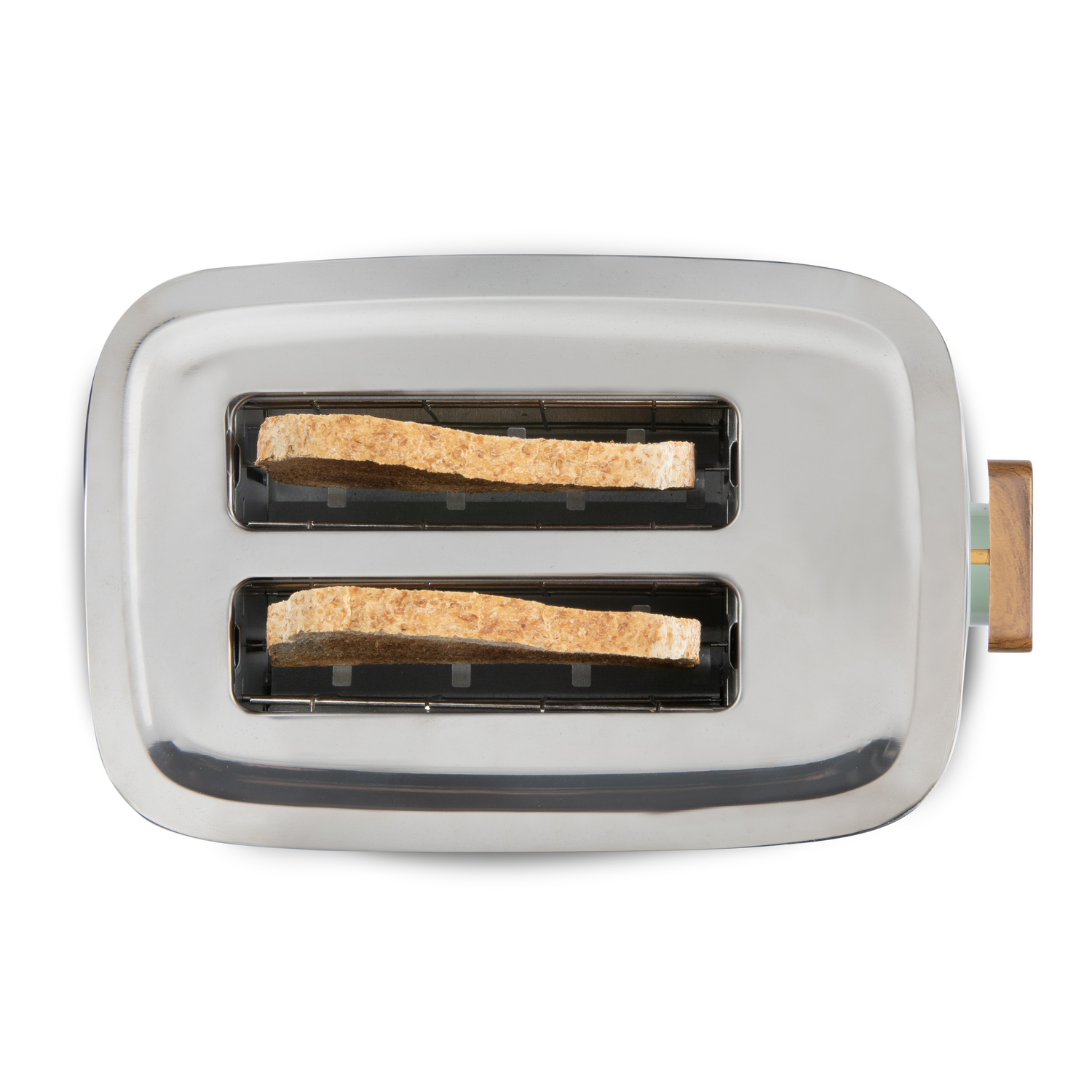 A stainless steel toaster with two slots, each holding a slice of toasted bread. The background is white.