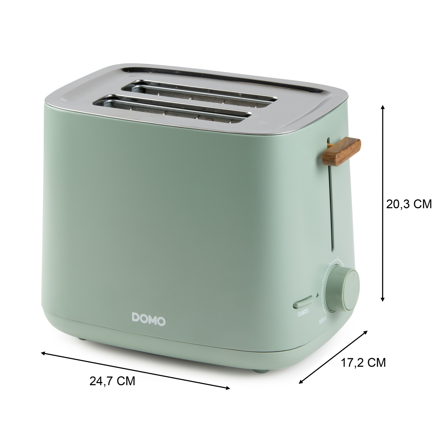 A green toaster with two slots, a wooden lever, and a dial. Dimensions are indicated: 24.7 cm, 20.3 cm, and 17.2 cm.