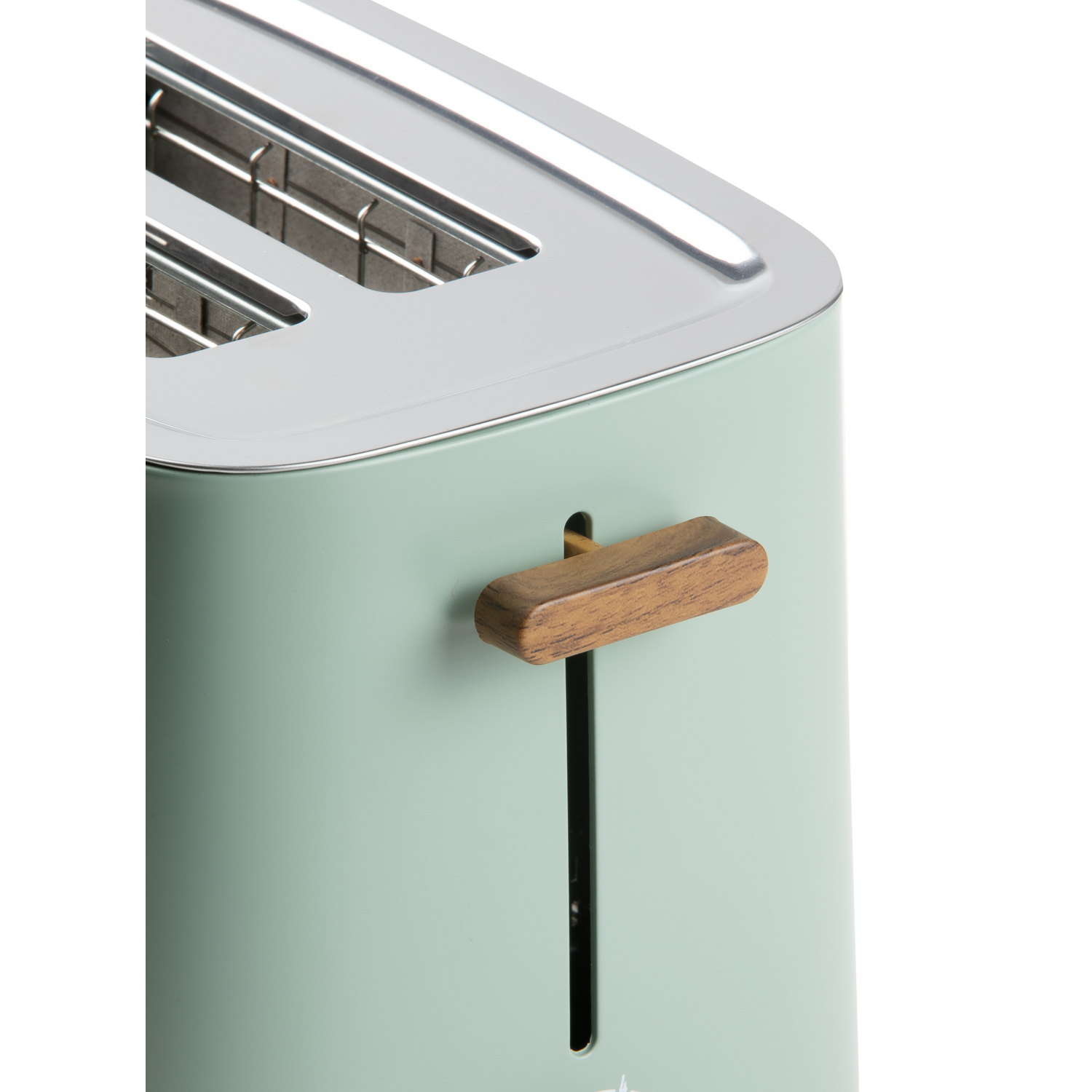 A mint green toaster with a wooden handle is shown. The top is silver and has slots for bread. A black slot is also visible.