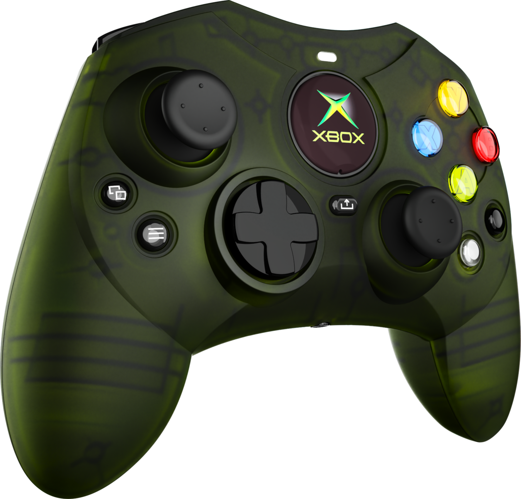 Egy zöld álcázású Xbox kontroller. Különböző színű gombokkal és két joystickkal rendelkezik. Az Xbox logó a közepén van.