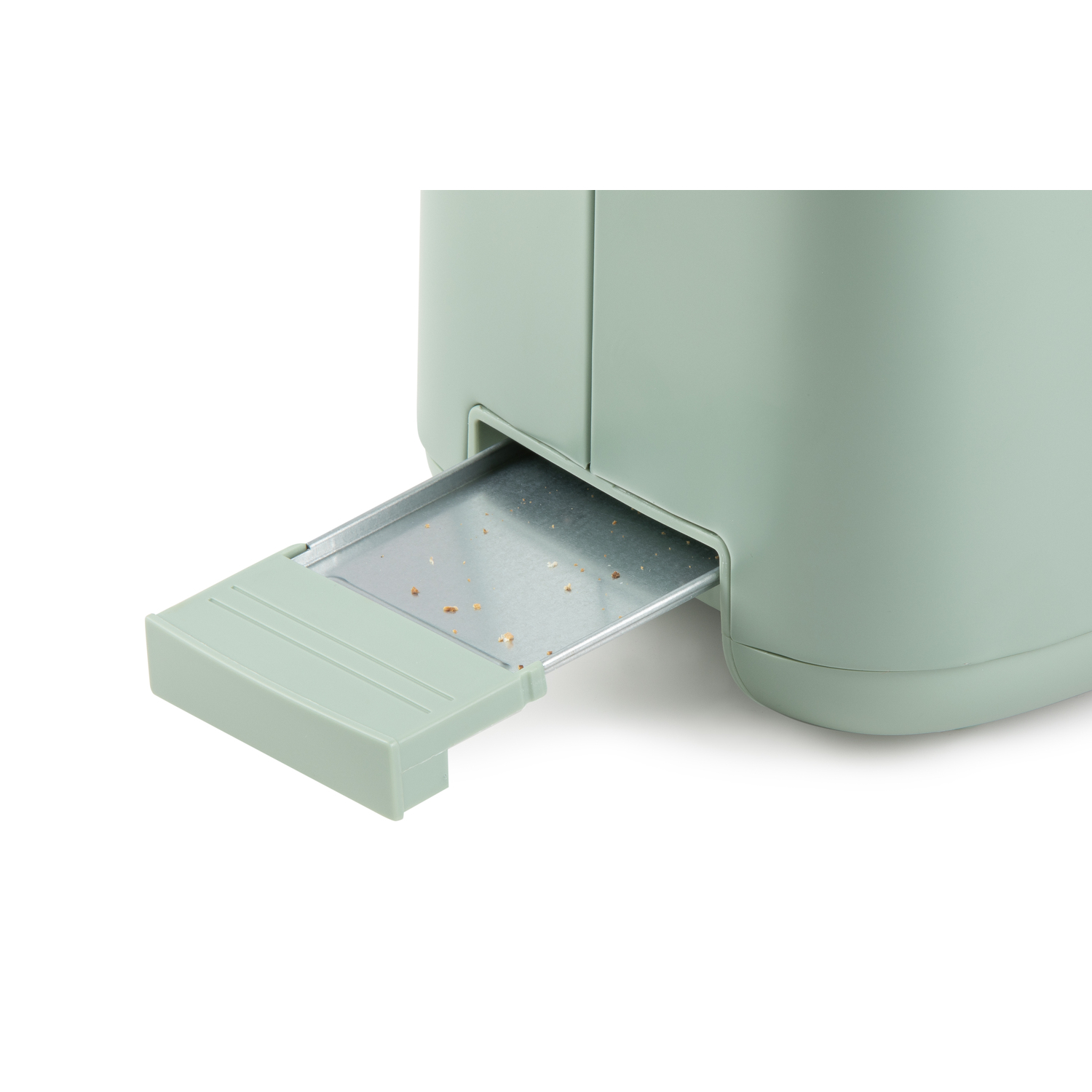 A light green toaster with a crumb tray extended. The tray holds bread crumbs. The background is white.