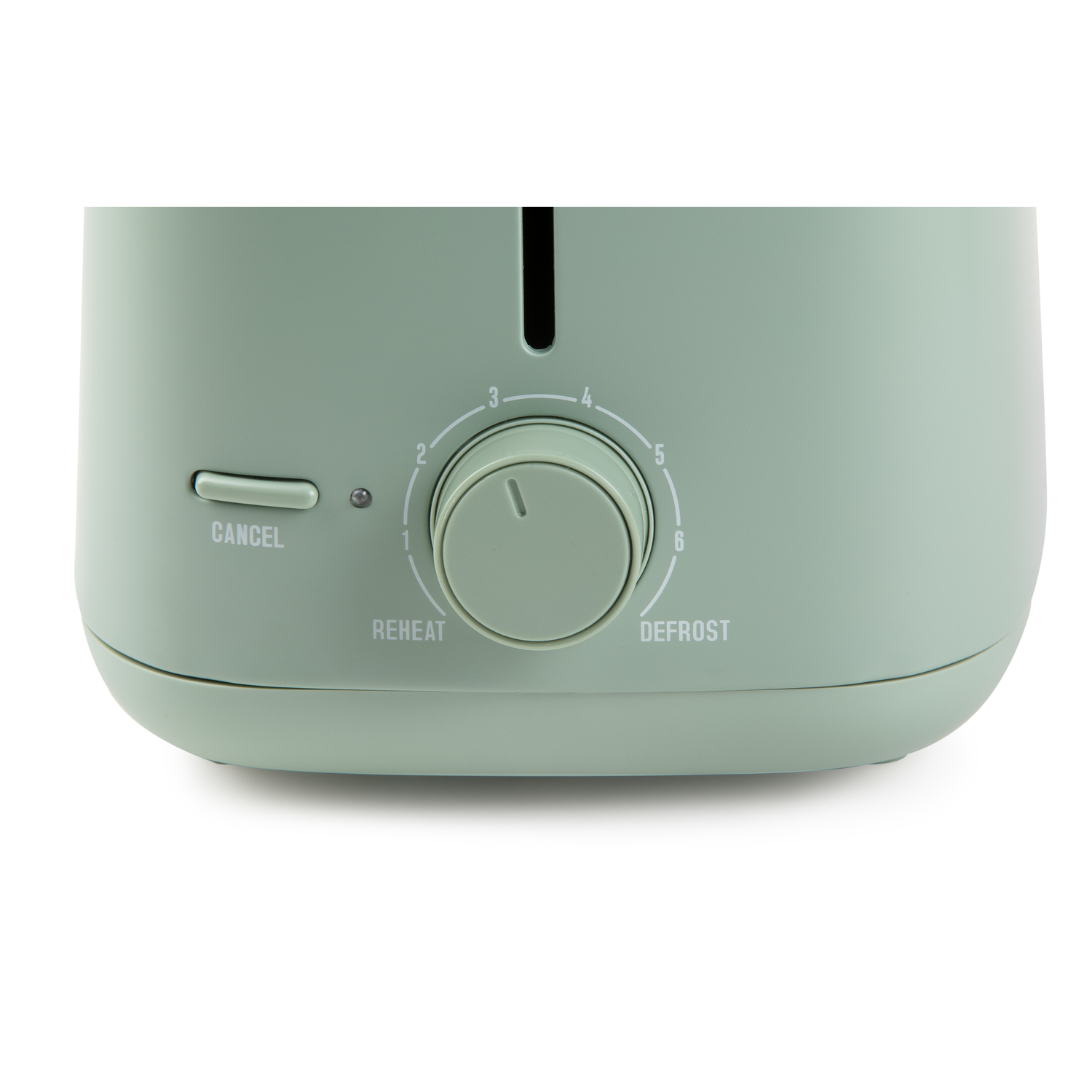 Close-up of a light green toaster with a dial and a cancel button. The dial has numbers 1-6, and reheat and defrost options.