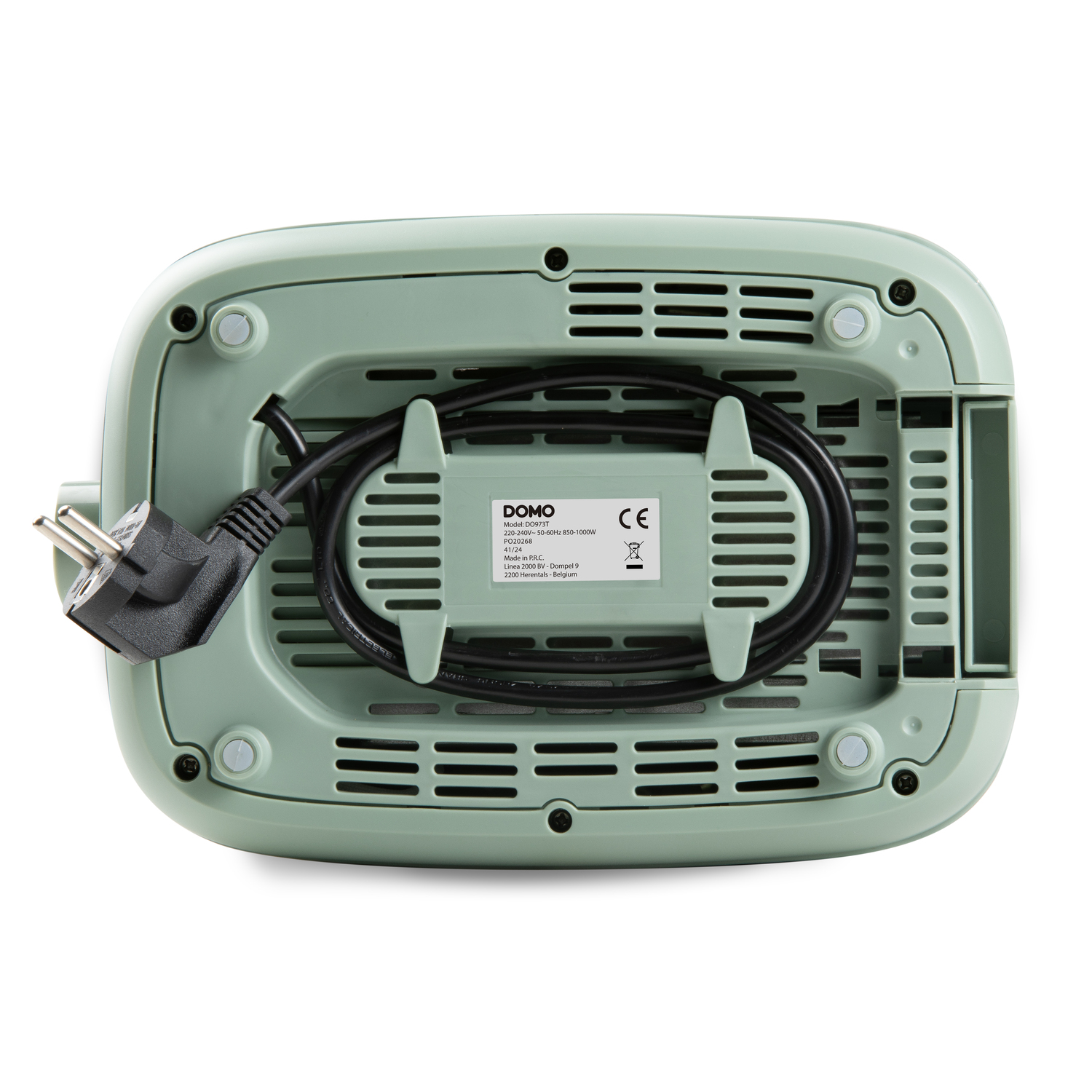 Bottom view of a green toaster with a black power cord and plug. Label with specifications is visible.