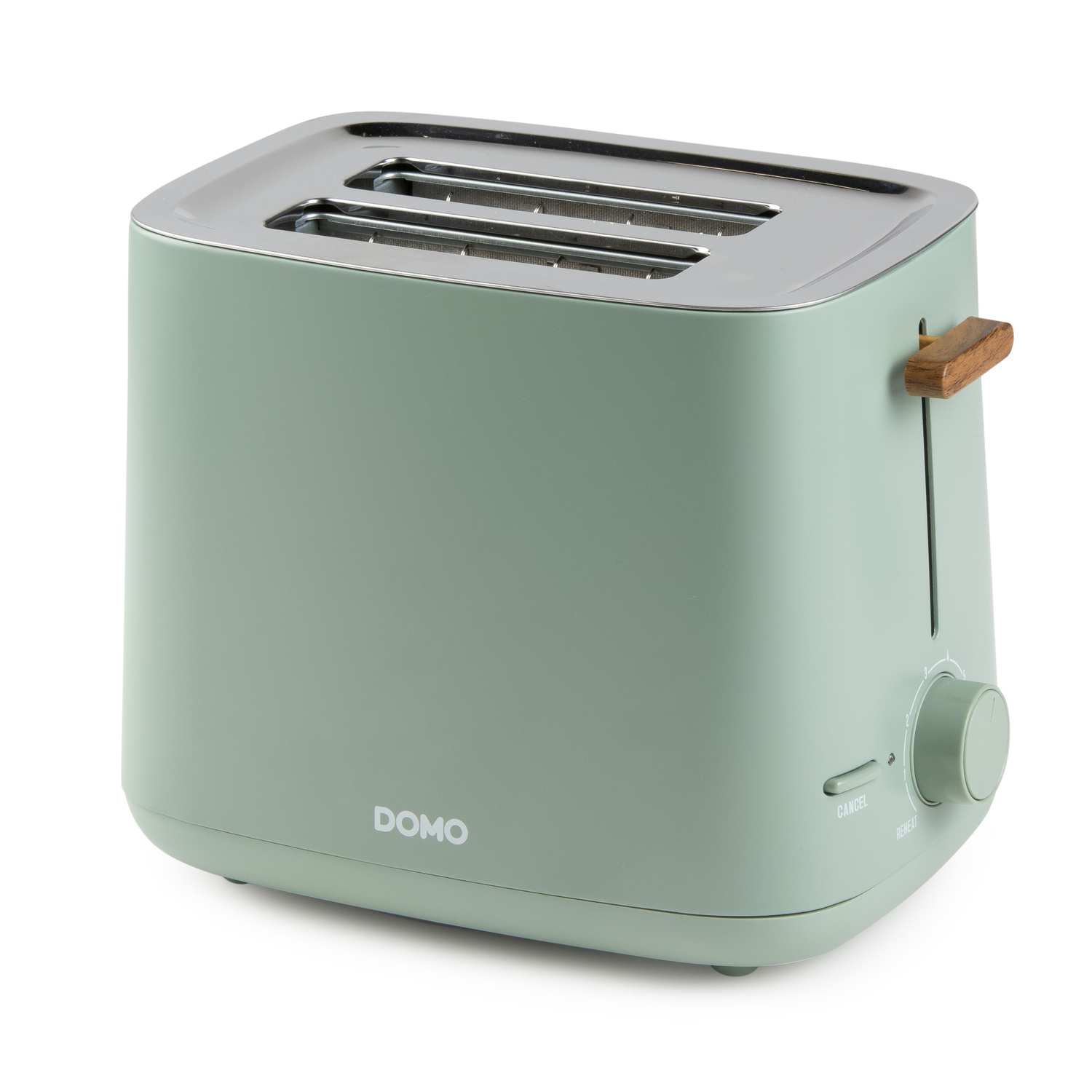 A mint green toaster with a silver top and wooden lever. The word 'DOMO' is on the front. It has a dial and two slots.