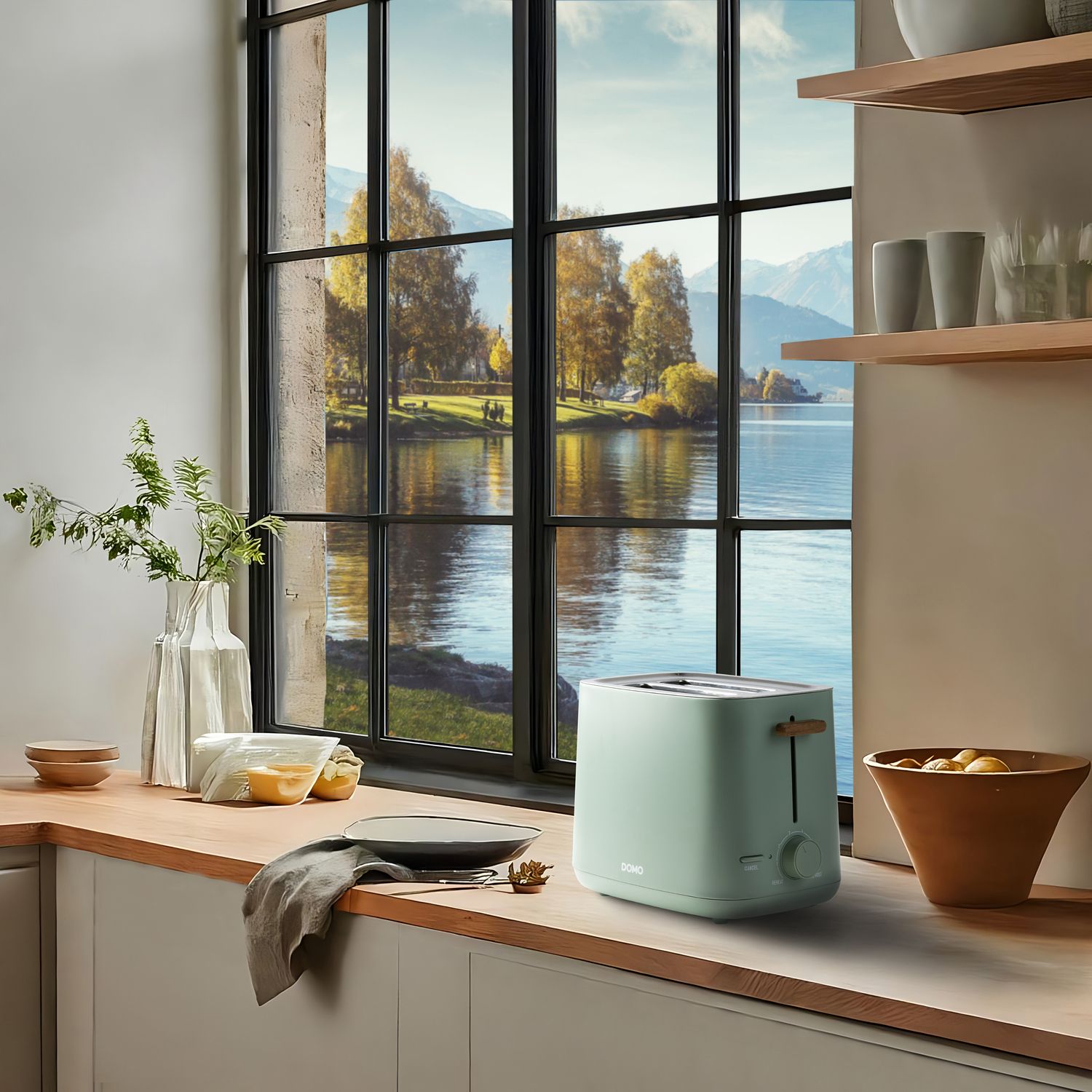 A mint green toaster sits on a wooden countertop by a window overlooking a lake and mountains.