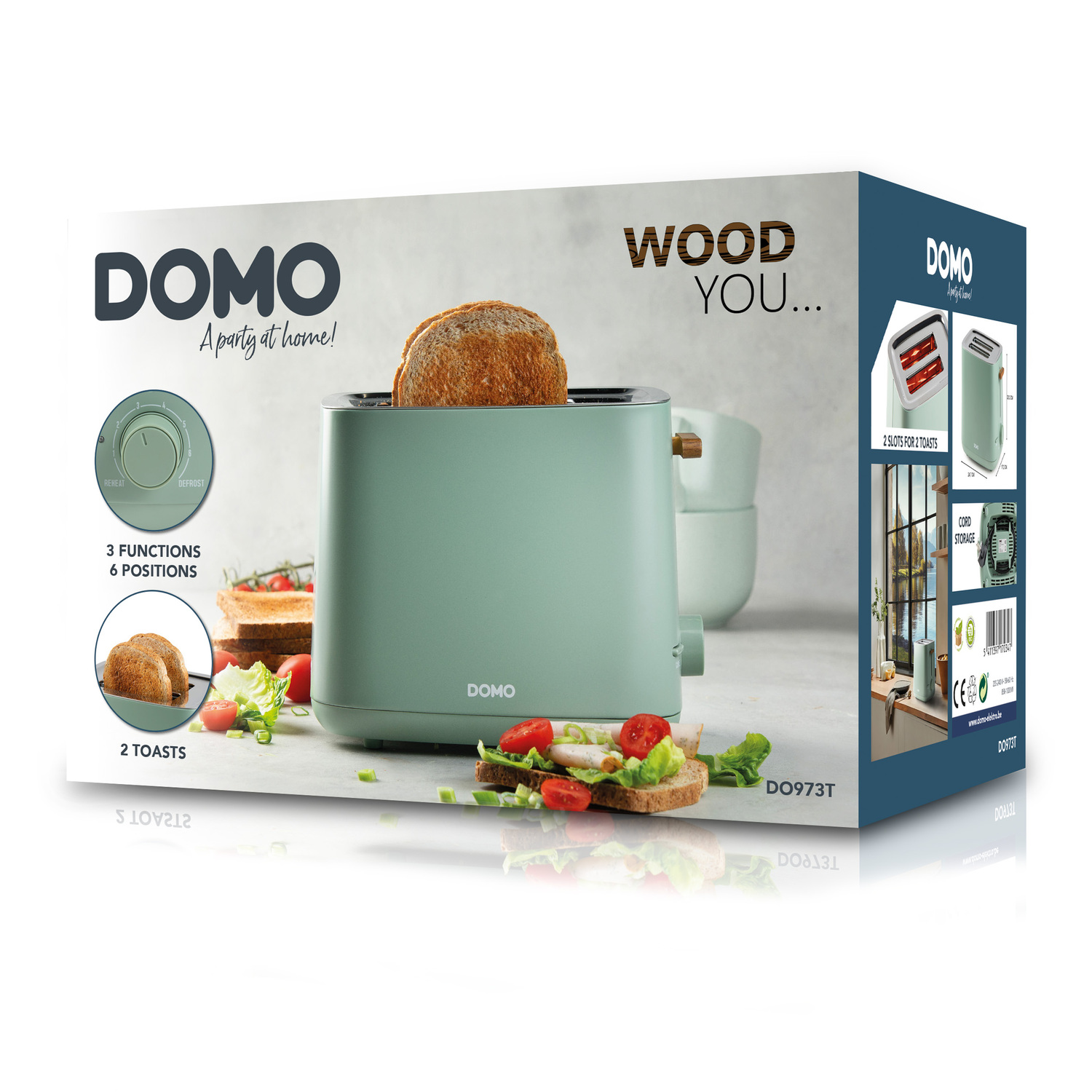 A mint green toaster with bread in it, surrounded by sandwiches and a cup. The box says 'DOMO' and 'WOOD YOU...'