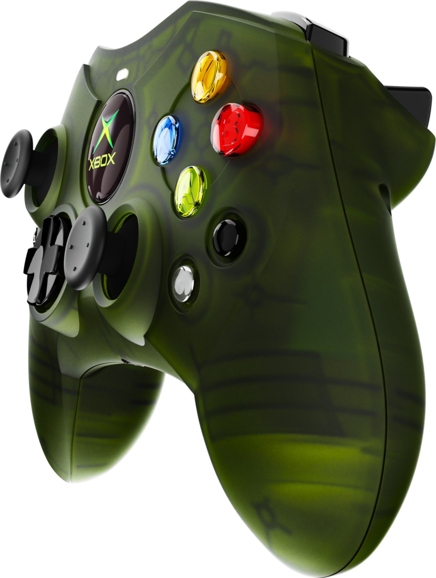 Zöld Xbox kontroller színes gombokkal. A kontroller álcázási mintájú, fekete háttér előtt látható.