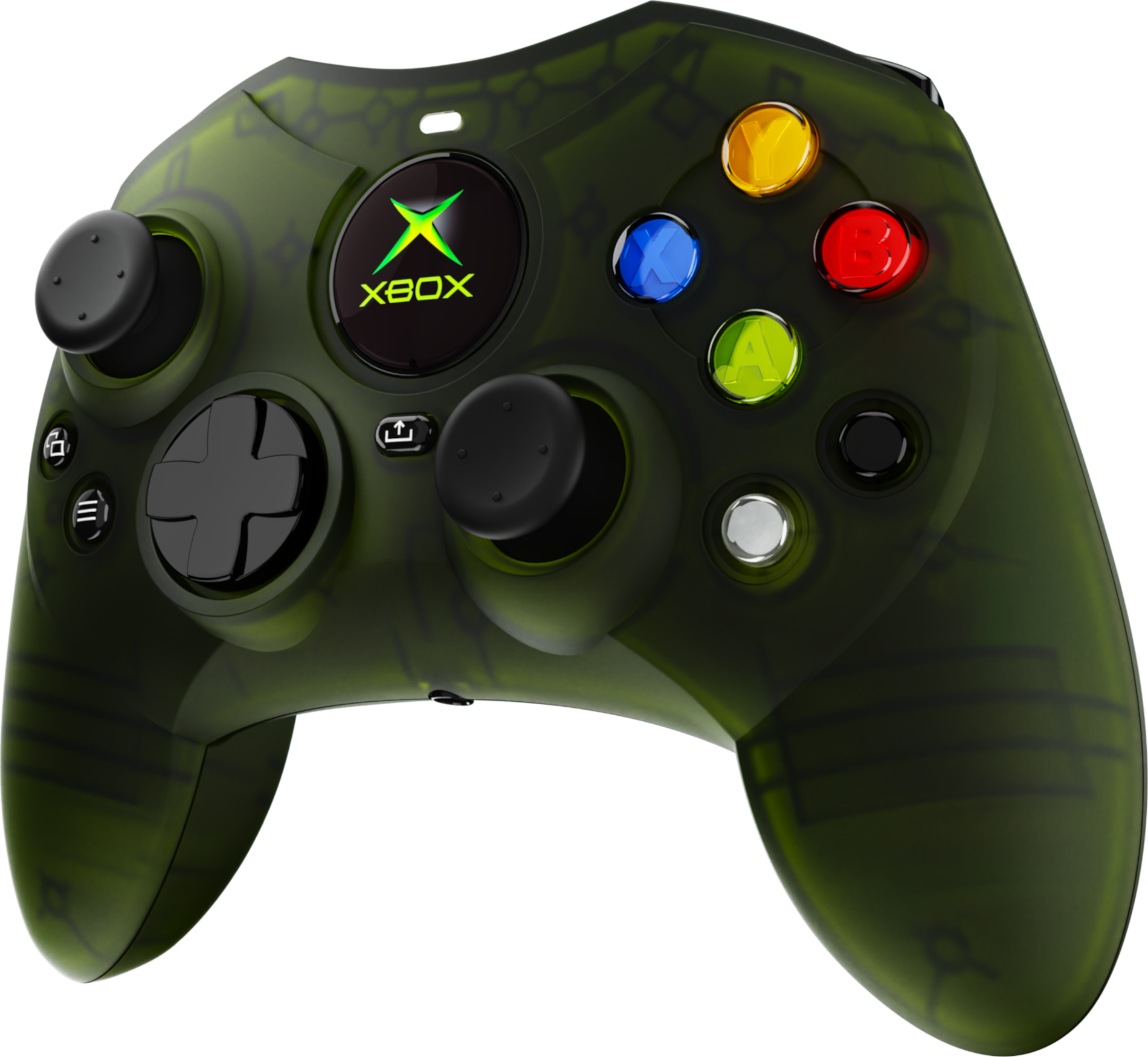 Zöld Xbox-vezérlő fekete gombokkal és logóval. A gombok színesek: sárga, kék, piros és zöld. Fekete háttér.