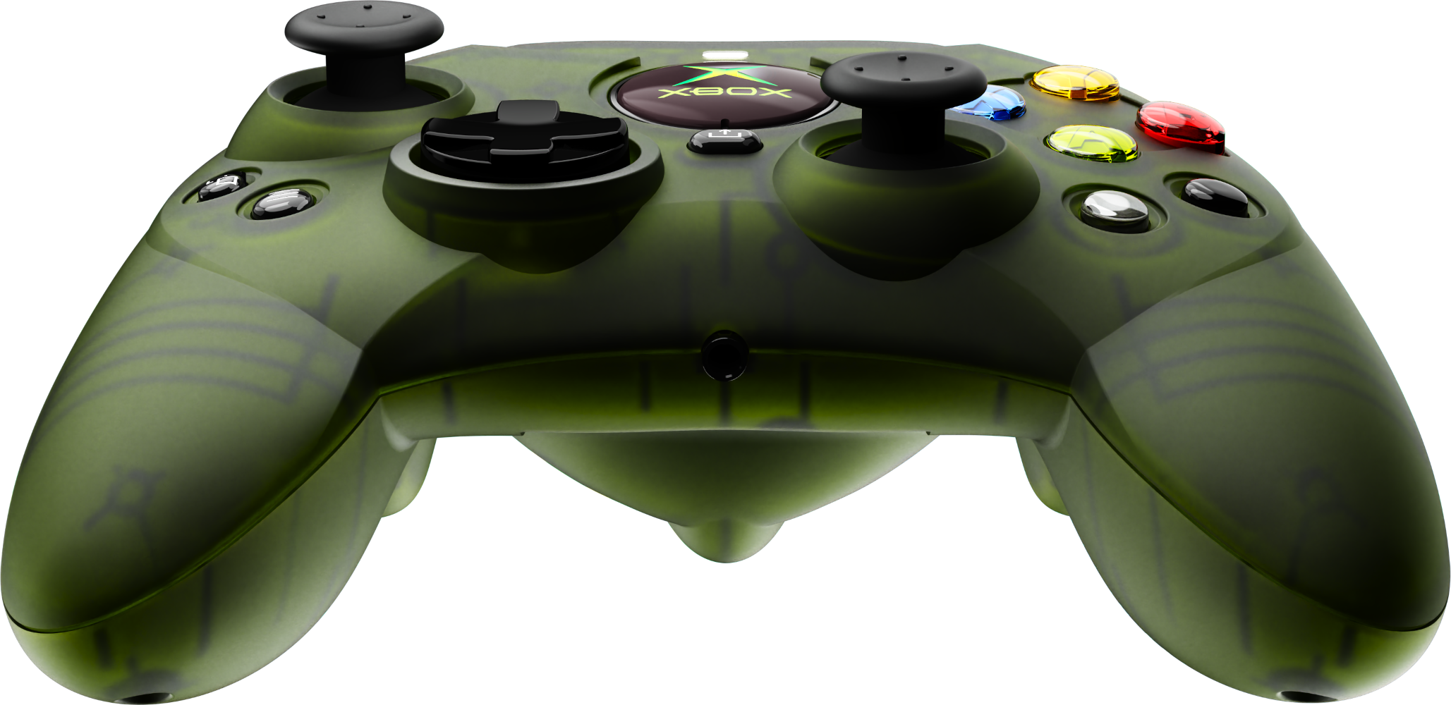 Egy Xbox kontroller álcázó mintával. Fekete joystickjai, különböző színű gombjai és egy központi Xbox logója van.