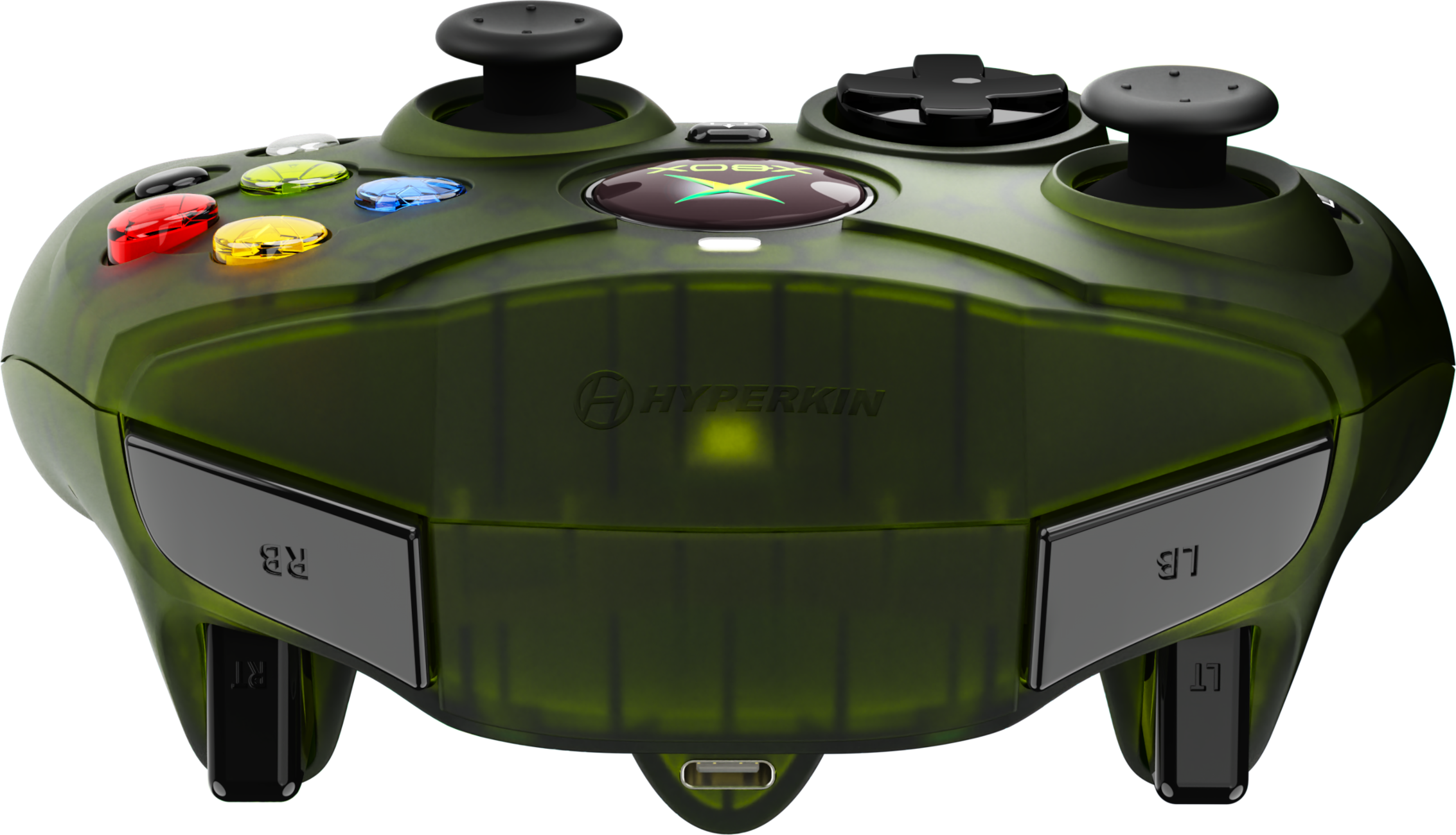 Zöld Xbox kontroller fekete gombokkal és karokkal. Színes gombok és Hyperkin logó. Átlátszó műanyag design.