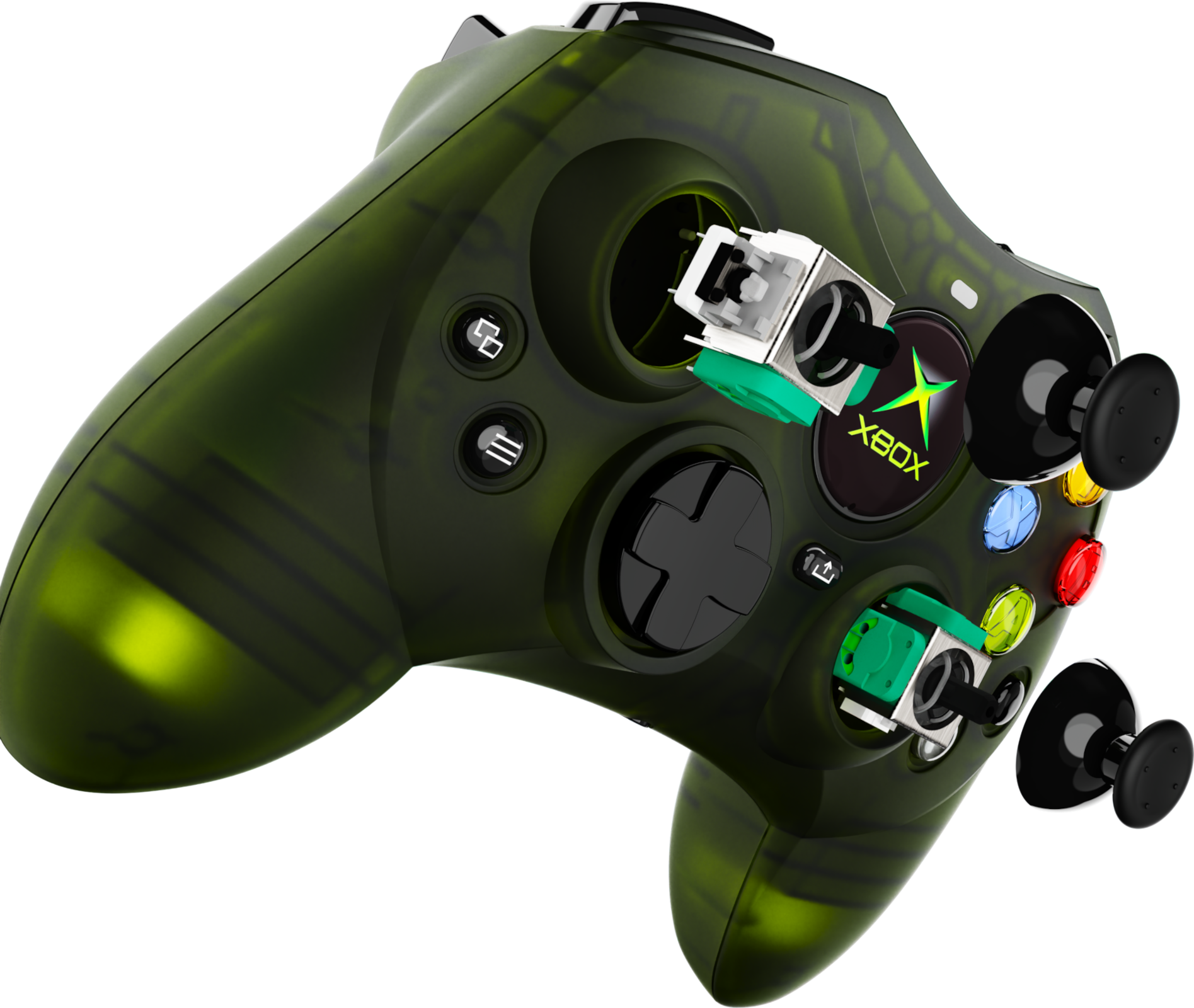 Zöld, átlátszó Xbox kontroller, robbantott ábra. Belső alkatrészeket, gombokat, joystickokat és az Xbox logót mutatja.