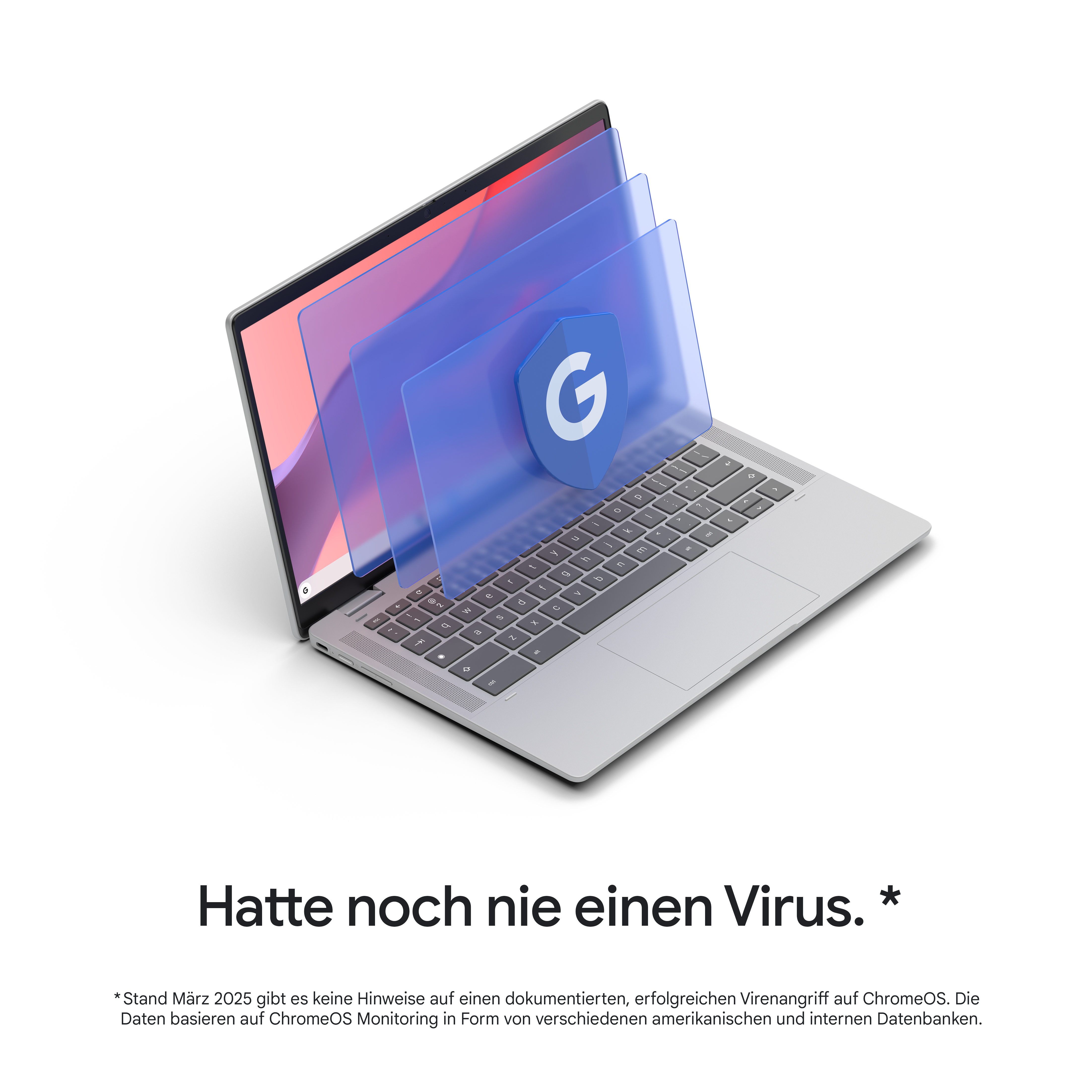 Laptop mit Google-Schutzschild-Overlay. Text: „Hatte noch nie einen Virus.“ (Hatte noch nie einen Virus.)