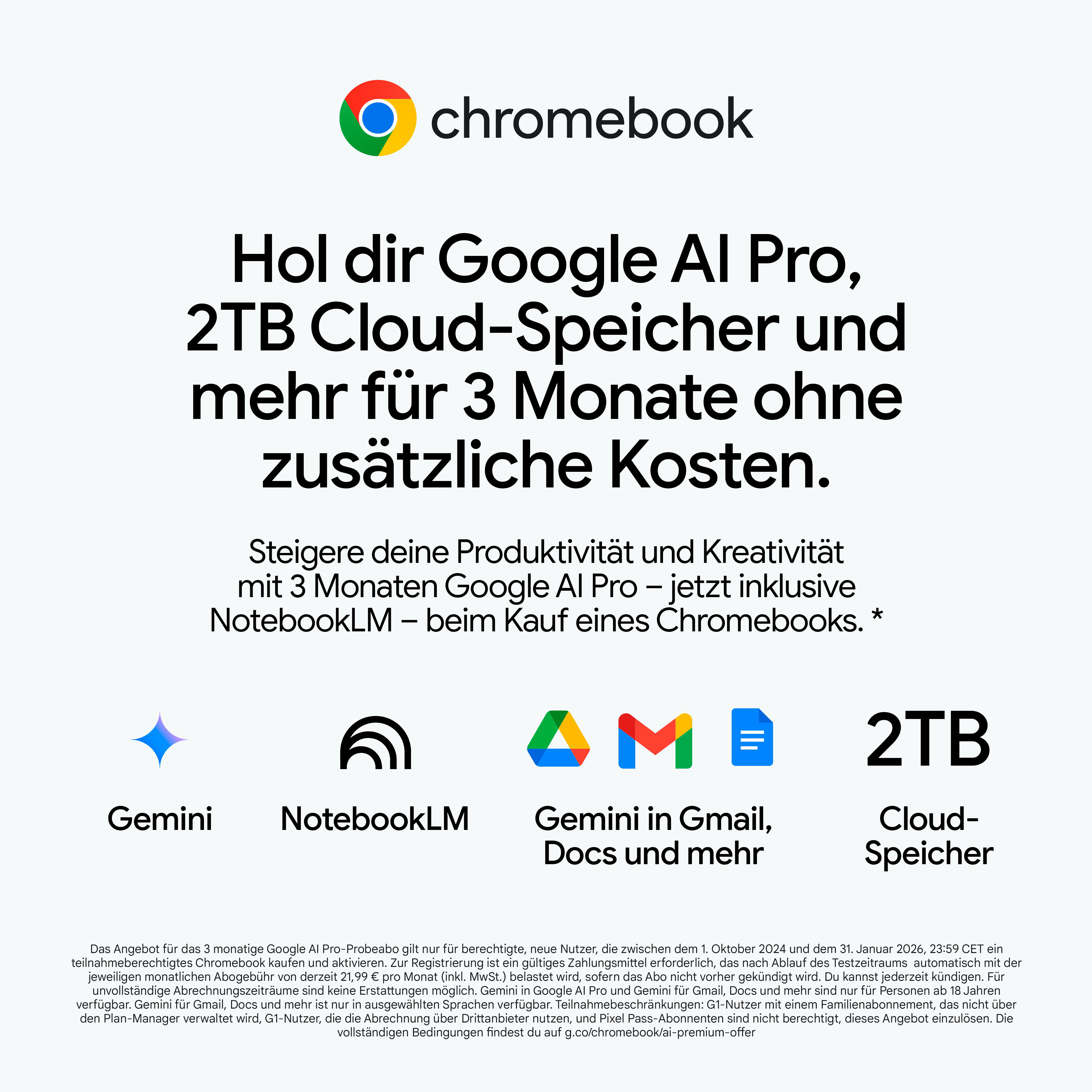 Chromebook-Werbung mit Google AI Pro-Angebot. Funktionen umfassen 2TB Cloud-Speicher und mehr für 3 Monate, Logos und Text.