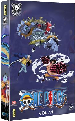 Couverture du DVD One Piece Vol. 11 avec des personnages en action. Luffy en gear four, Law avec une épée et une figure mécanique à pointes.