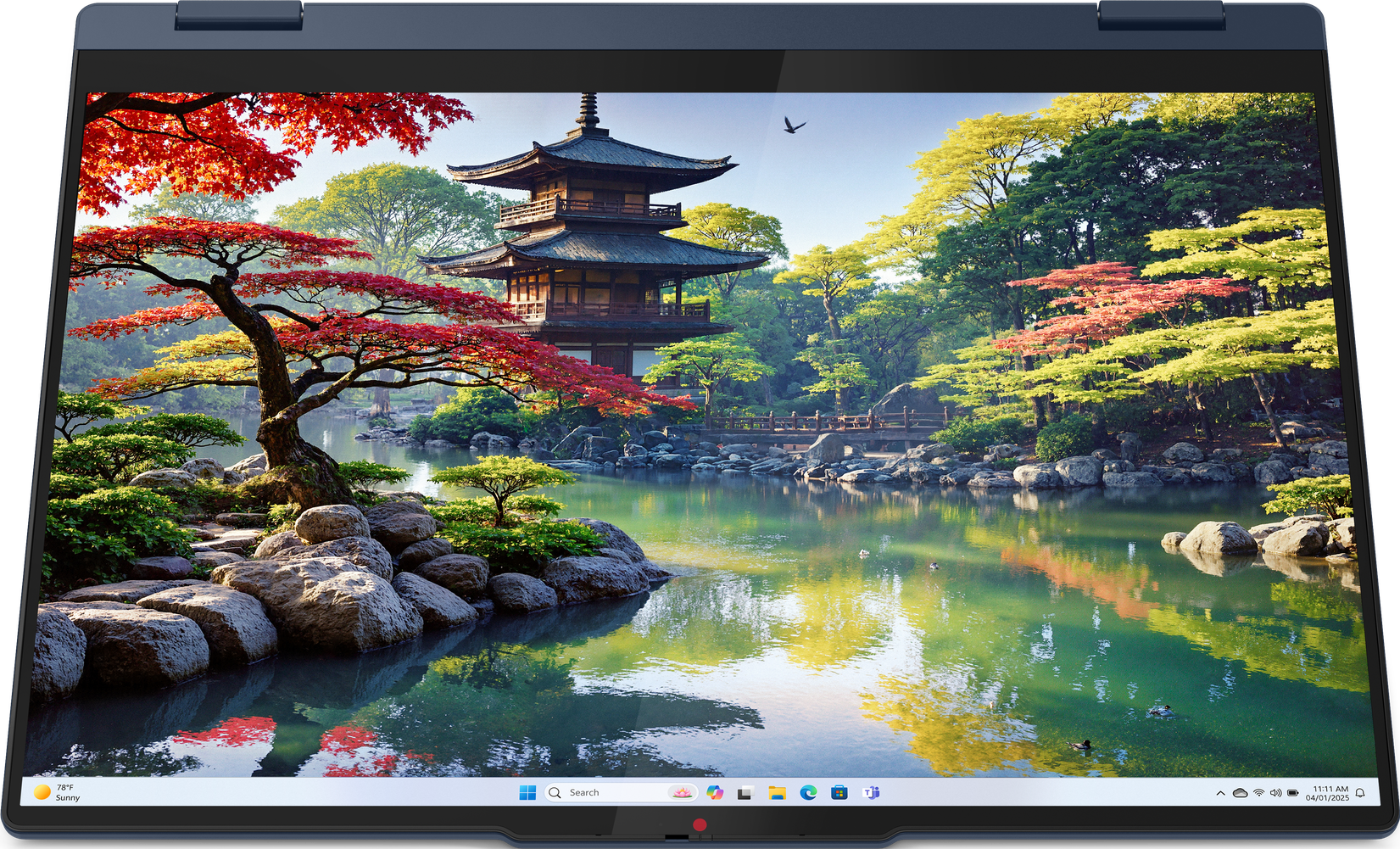 Ein Laptop-Bildschirm zeigt eine japanische Gartenszene. Rote, gelbe Bäume, eine Pagode, ein Teich mit Baumreflexionen und eine Brücke sind zu sehen.
