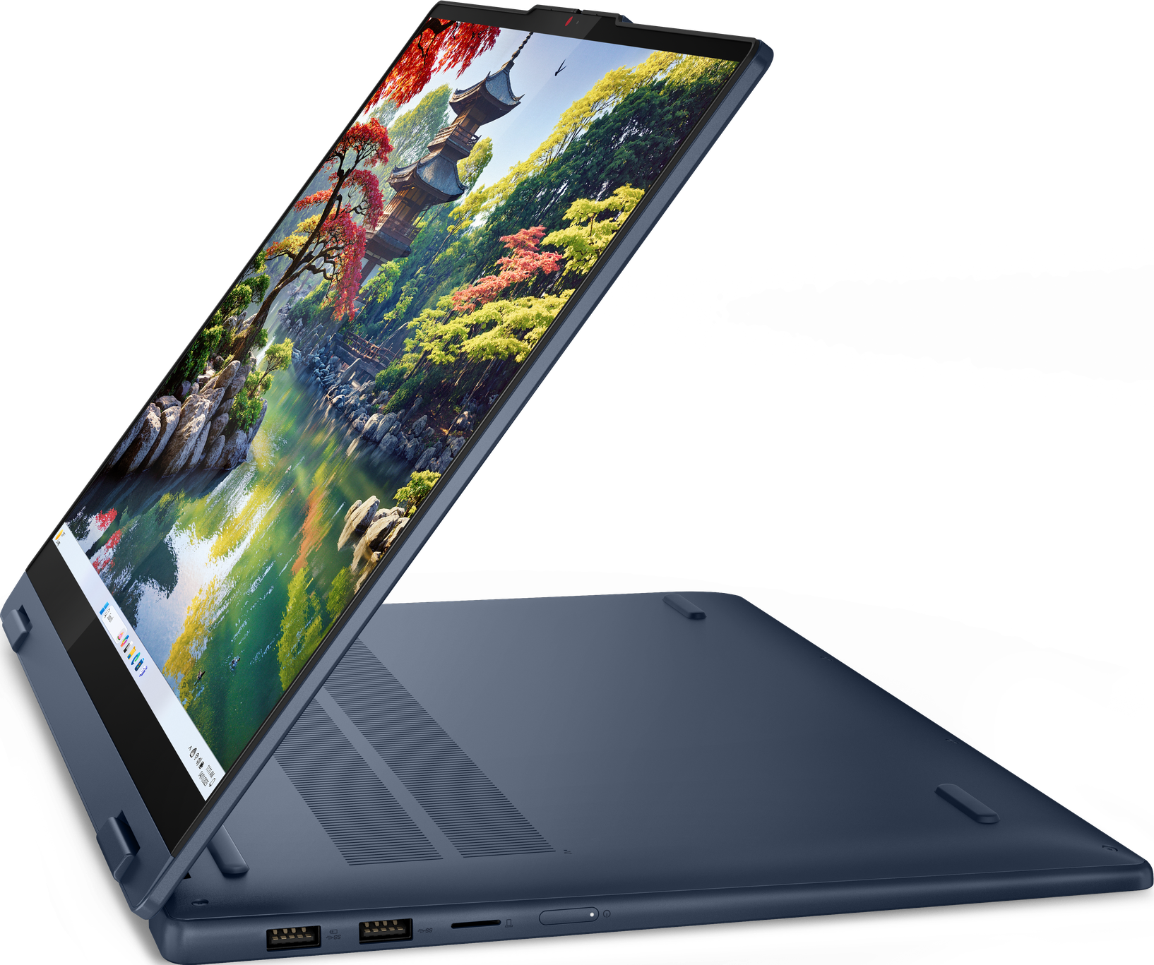 Ein blauer Laptop zeigt eine malerische Ansicht: ein japanischer Garten mit Pagode, Bäumen und Fluss.