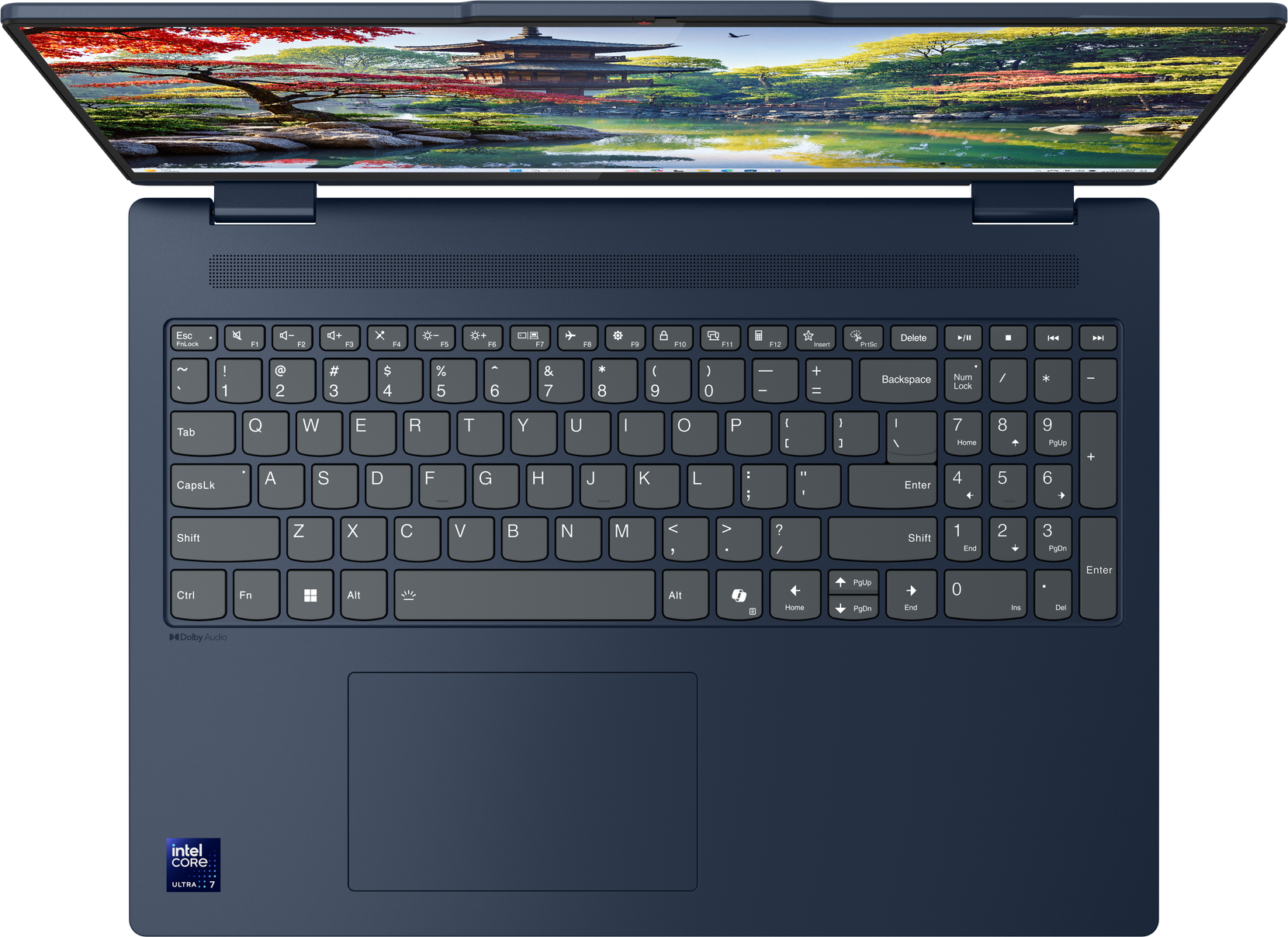 Laptop mit Tastatur, Touchpad und Bildschirm, der eine Landschaftsszene zeigt. Der Laptop ist marineblau.