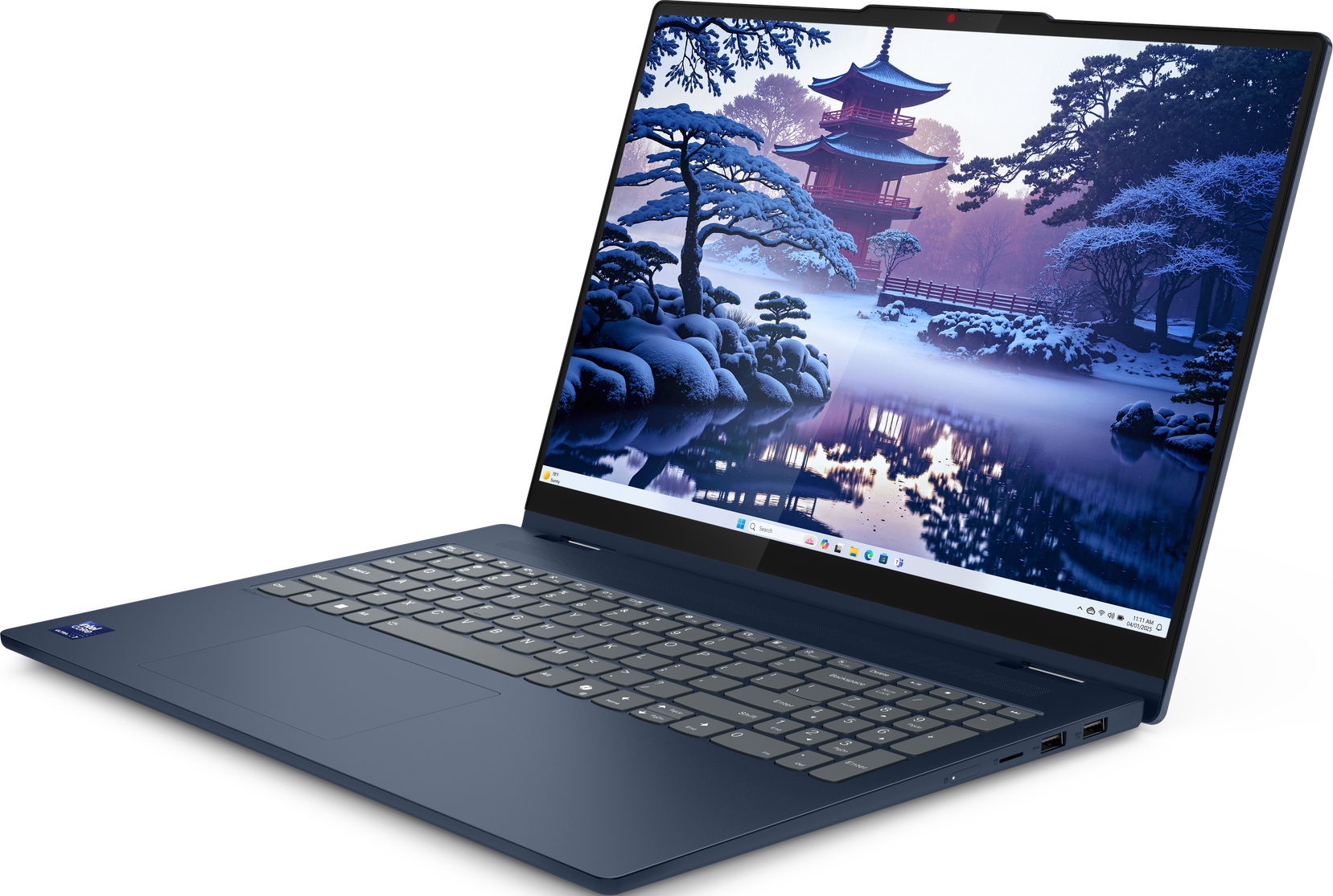 Laptop mit einem Bildschirm, der eine verschneite japanische Landschaft mit einer Pagode zeigt, die sich im Wasser spiegelt. Tastatur sichtbar. Dunkelblaue Farbe.