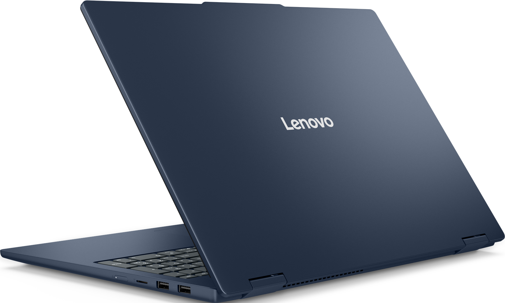 Ein marineblauer Lenovo-Laptop ist geöffnet und zeigt die Tastatur und das Lenovo-Logo. Der Hintergrund ist schwarz.