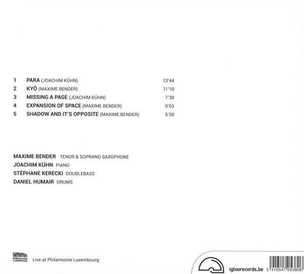 Titelliste mit Namen und Längen. Musikerinfo und Logos unten.
