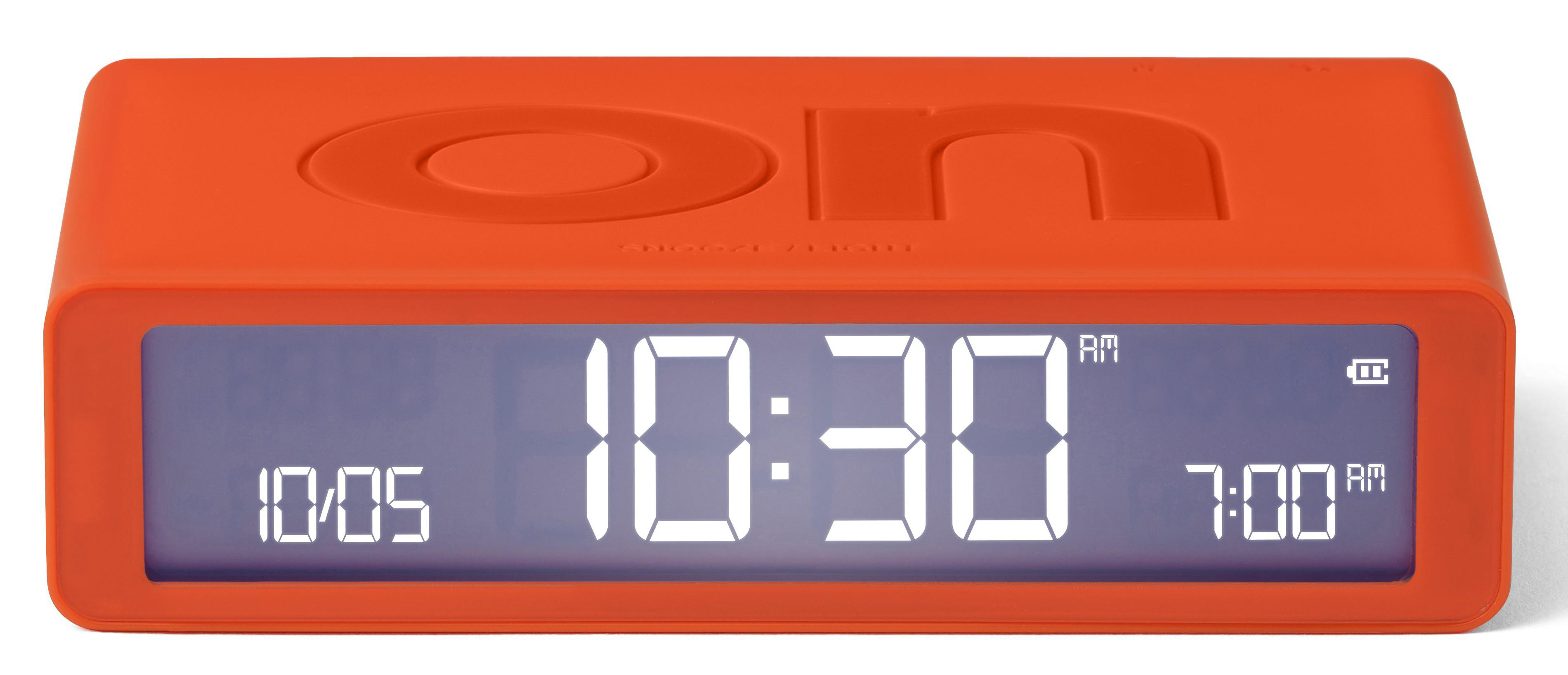 Ein orangefarbener digitaler Wecker zeigt 10:30 Uhr an. Die Uhr zeigt auch 10/05 und 7:00 Uhr an. Das Wort „on“ steht oben.