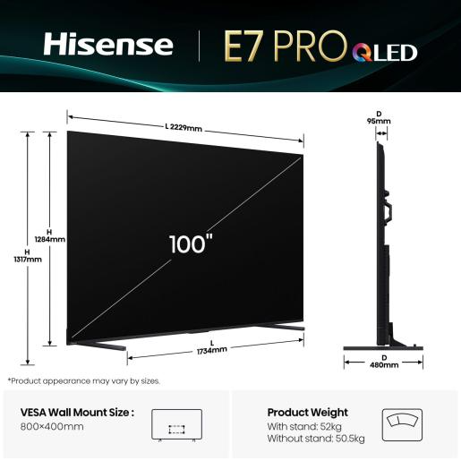 Egy Hisense E7 PRO QLED 100 hüvelykes TV diagramja. A méretek fel vannak tüntetve, beleértve a magasságot, a szélességet és a mélységet, a termék súlyával.