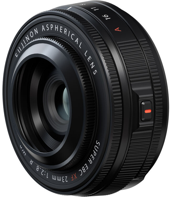 Egy fekete fényképezőgép-objektív, szöveggel: Fujinon Aspherical Lens. Van rajta egy piros gomb, és a 11-es és 16-os számok.
