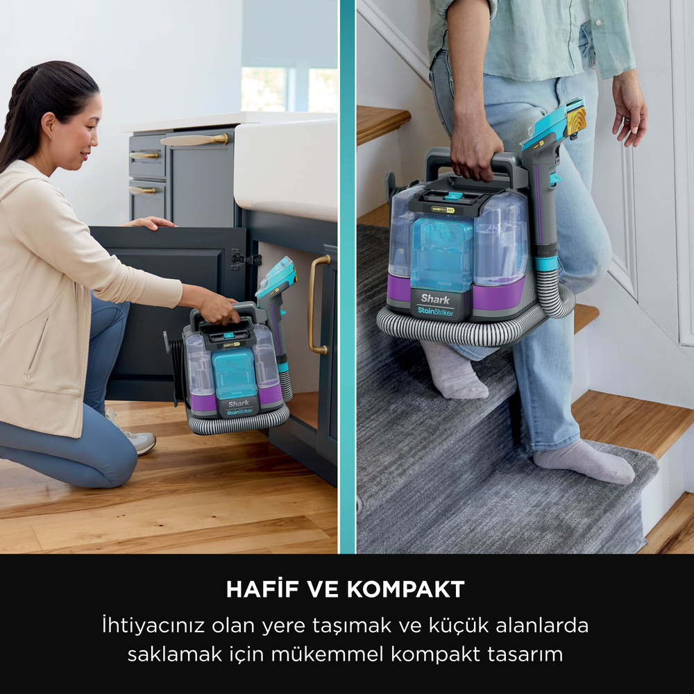 Bir kadın bir Shark StainStriker'ı dolaba koyuyor, başka bir kişi de merdivenlerden yukarı taşıyor. Cihaz kompakt.