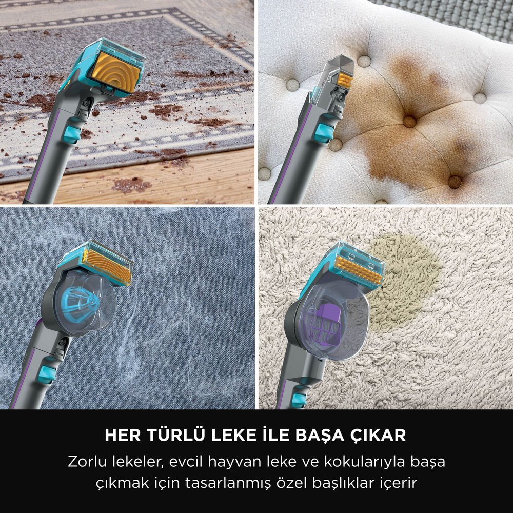 Bir elektrik süpürgesi başlığı farklı yüzeyleri temizliyor: kirli halı, lekeli bir minder, tüylü tekstil ve kabarık bir halı.