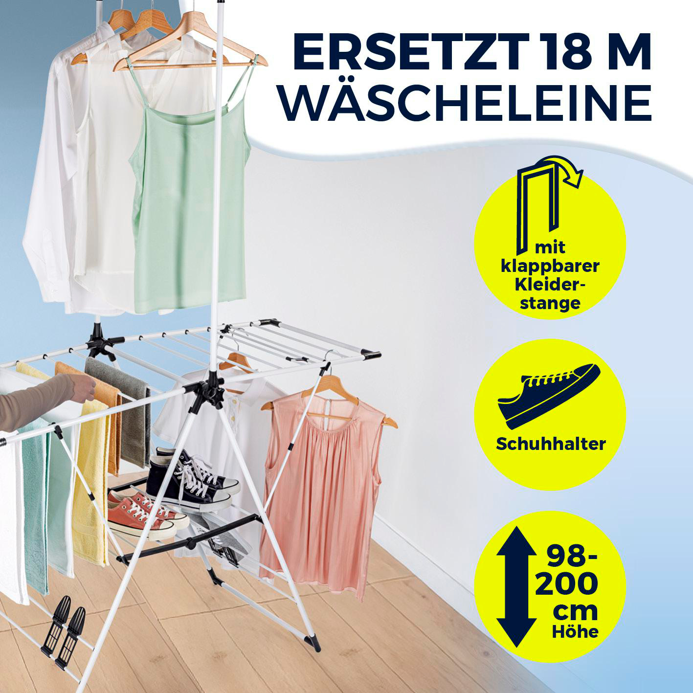 Ein weißer Wäscheständer mit hängender Kleidung und Schuhen. Der Text auf Deutsch besagt, dass er 18 m Wäscheleine ersetzt.