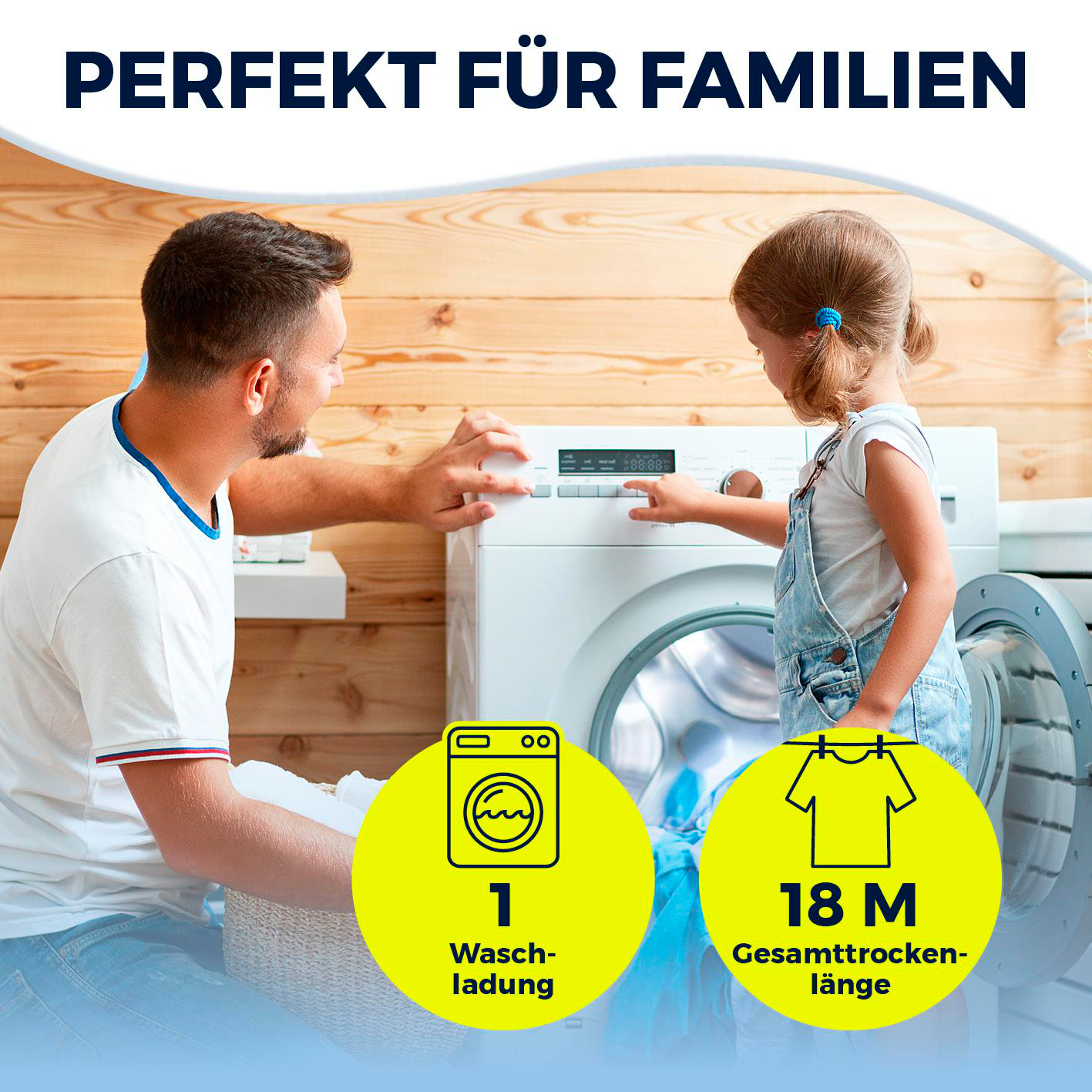 Ein Mann und ein Mädchen bedienen eine Waschmaschine. Text: "Perfekt für Familien". Gelbe Kreise zeigen Wasch- und Trocknungsdetails.