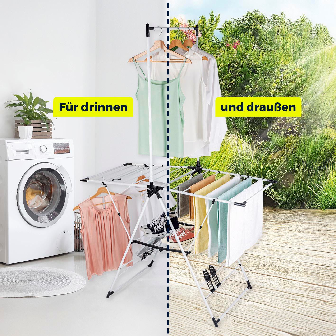 Ein geteiltes Bild zeigt eine Waschmaschine in Innenräumen und einen Wäscheständer im Freien mit Kleidung.