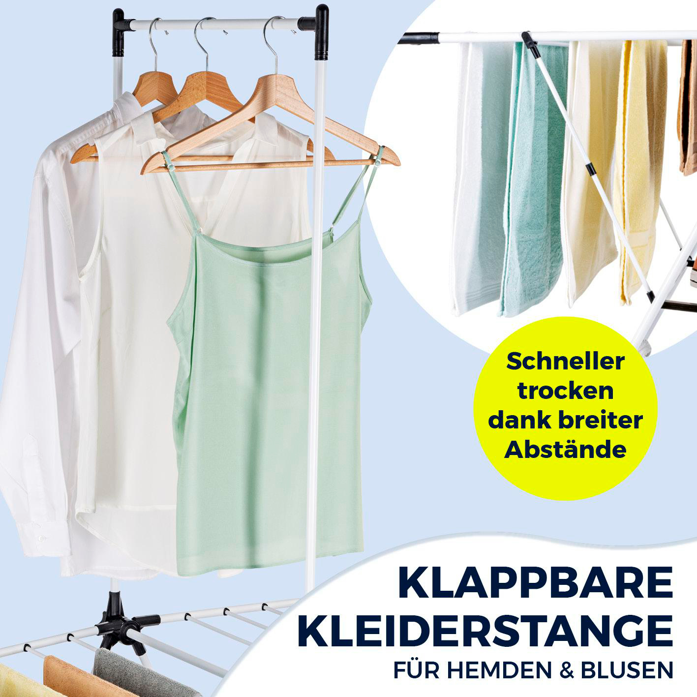 Wäscheständer mit Hemden und Handtüchern. Text: 'Klappbare Kleiderstange für Hemden & Blusen'.