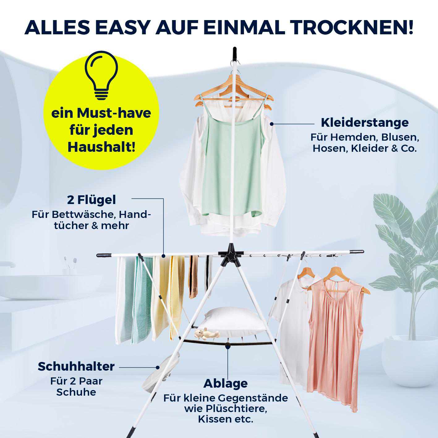 Ein weißer Wäscheständer mit Kleidung daran. Etiketten weisen auf Funktionen wie Schuhhalter und Ablage hin.