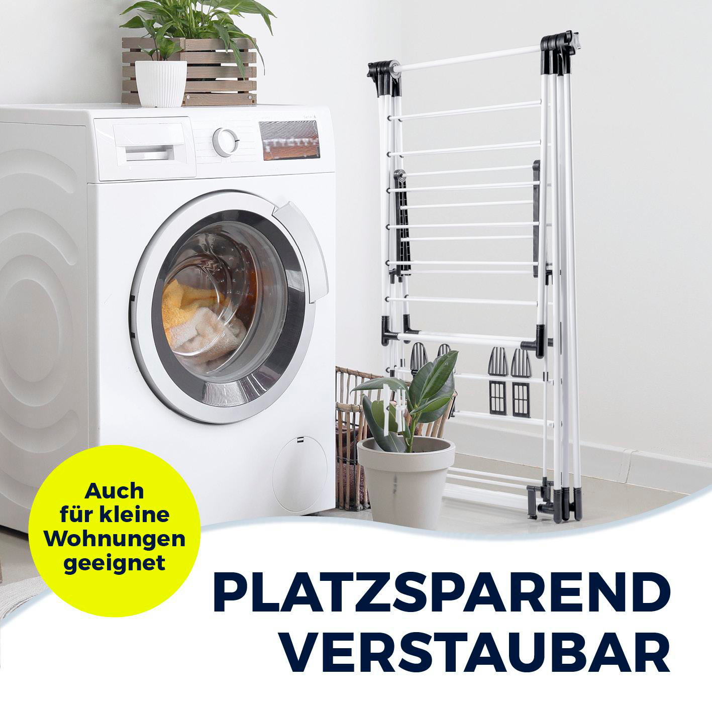 Eine Waschmaschine, ein Wäscheständer und Pflanzen in einem Raum. Text: Auch für kleine Wohnungen geeignet. Platzsparend, verstaubar.